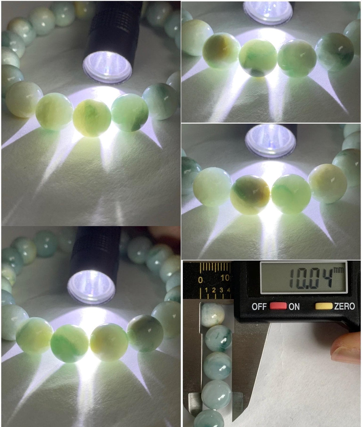 Natural Grade A Icy Translucent Teal Green & Yellow Marbled Tricolored Jade Jadeite Beaded Bracelet 10mm 7.25" 34g 天然糯冰三彩珠翡翠手串 SCZ220
