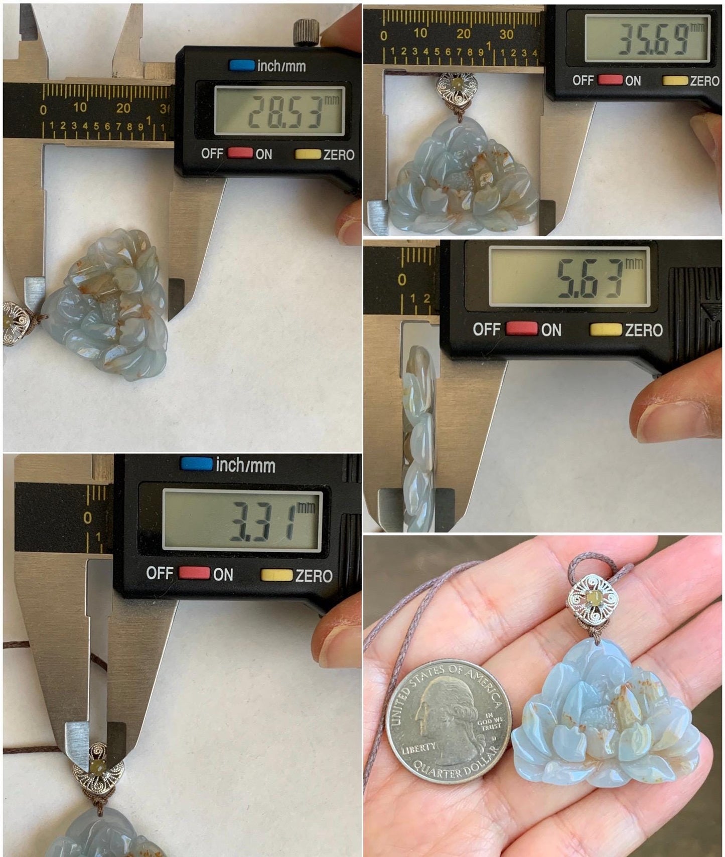 Natural Grade A Icy Translucent Pastel Blue Golden Brown Marbled Jadeite Lotus Flower Rope Necklace Sterling Silver 26" 10g 天然冰胶蓝底撒金翡翠莲花吊坠 Z