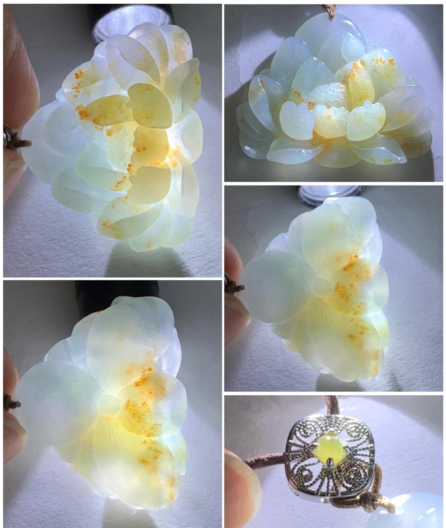 Natural Grade A Icy Translucent Pastel Blue Golden Brown Marbled Jadeite Lotus Flower Rope Necklace Sterling Silver 26" 10g 天然冰胶蓝底撒金翡翠莲花吊坠 Z