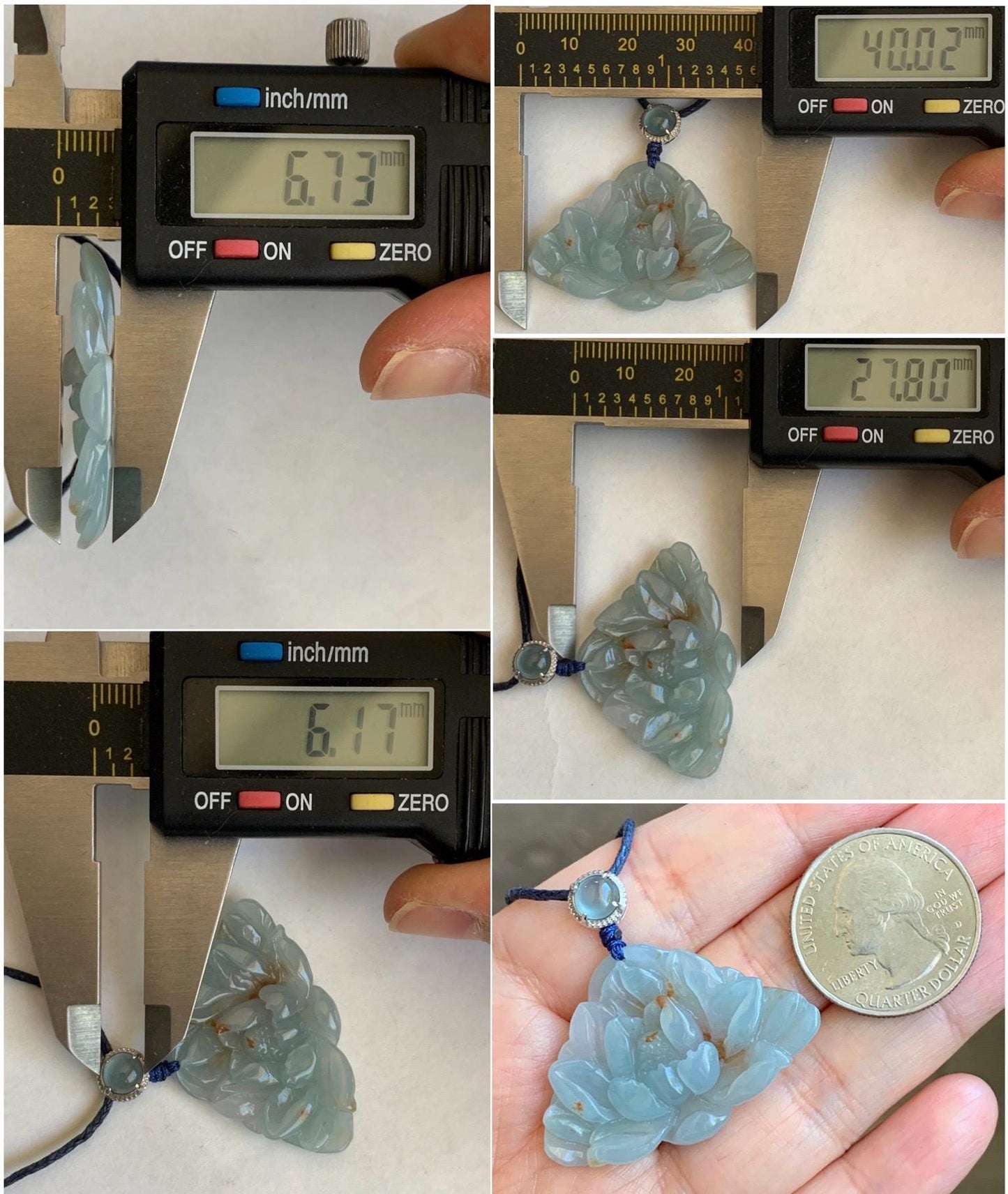 Natural Grade A Icy Translucent Pastel Blue Golden Brown Marbled Jadeite Lotus Flower Rope Necklace Sterling Silver 27" 9g 天然冰胶淡蓝撒金翡翠莲花吊坠 B