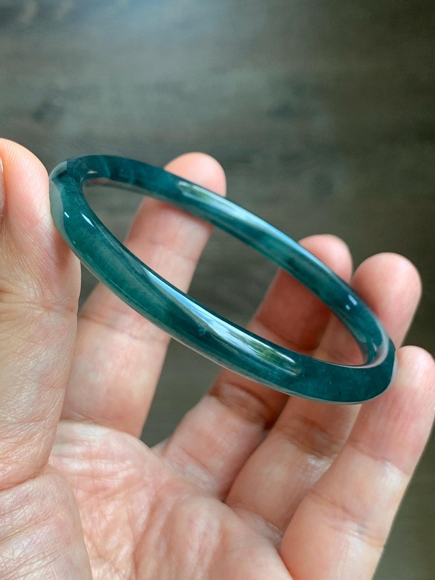 Certified Natural Grade A Guatemalan Icy Translucent Gelatinous Dark Teal Green Jade Jadeite Slim Bangle 57.57mm 19.9g 天然老种冰胶危蓝绿翡翠细圆条手镯 9969