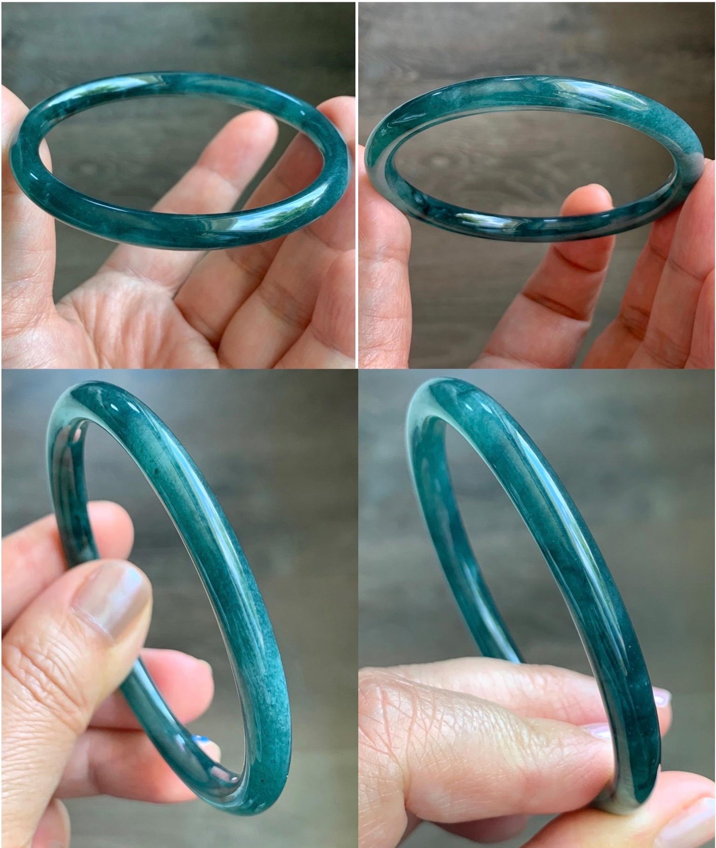 Certified Natural Grade A Guatemalan Icy Translucent Gelatinous Dark Teal Green Jade Jadeite Slim Bangle 57.57mm 19.9g 天然老种冰胶危蓝绿翡翠细圆条手镯 9969