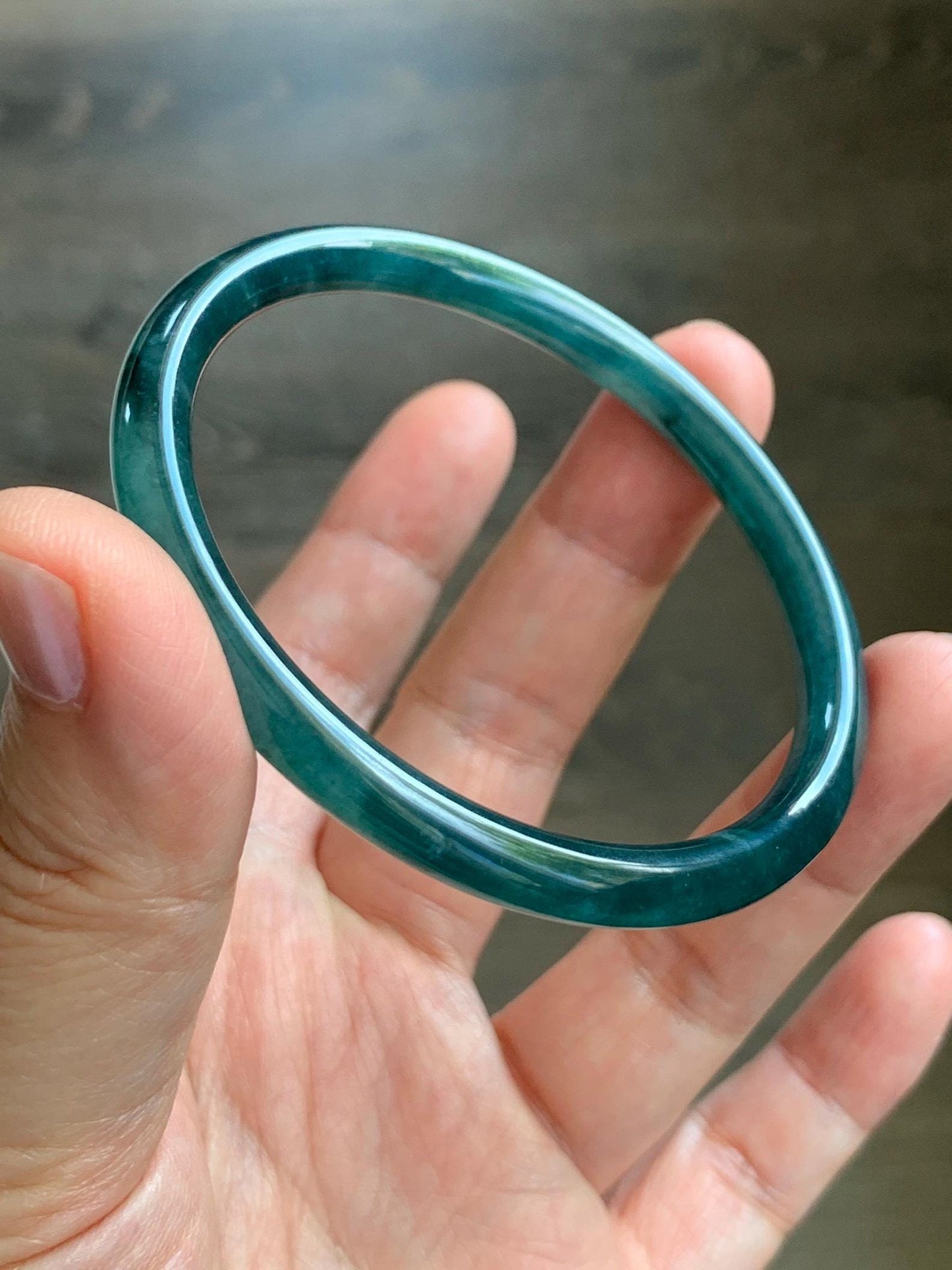 Certified Natural Grade A Guatemalan Icy Translucent Gelatinous Dark Teal Green Jade Jadeite Slim Bangle 57.57mm 19.9g 天然老种冰胶危蓝绿翡翠细圆条手镯 9969