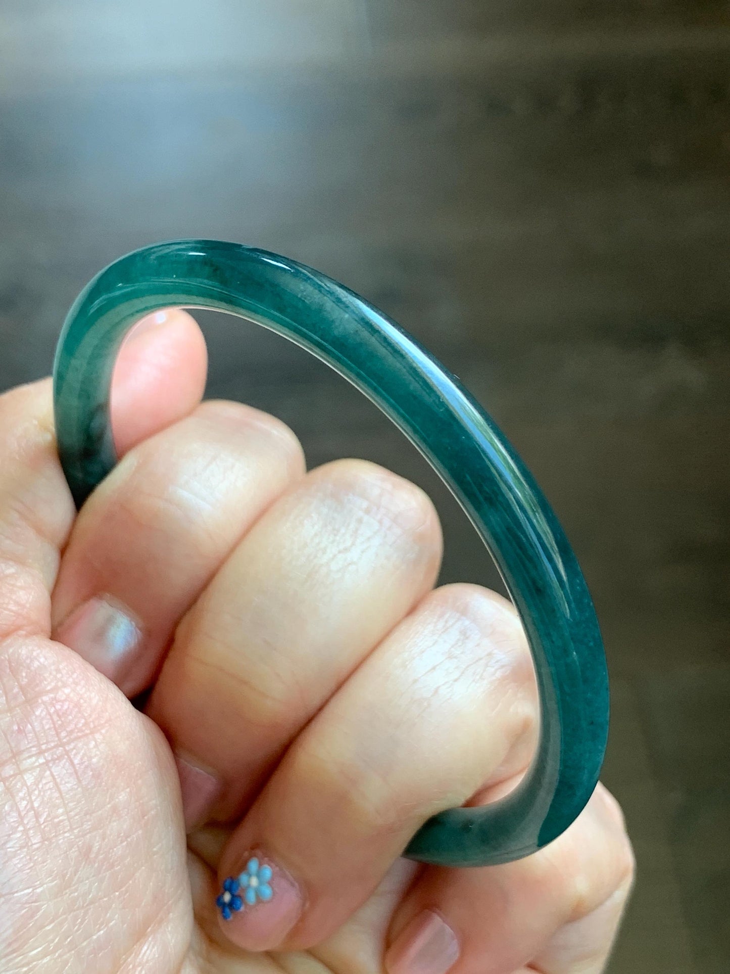 Certified Natural Grade A Guatemalan Icy Translucent Gelatinous Dark Teal Green Jade Jadeite Slim Bangle 57.57mm 19.9g 天然老种冰胶危蓝绿翡翠细圆条手镯 9969