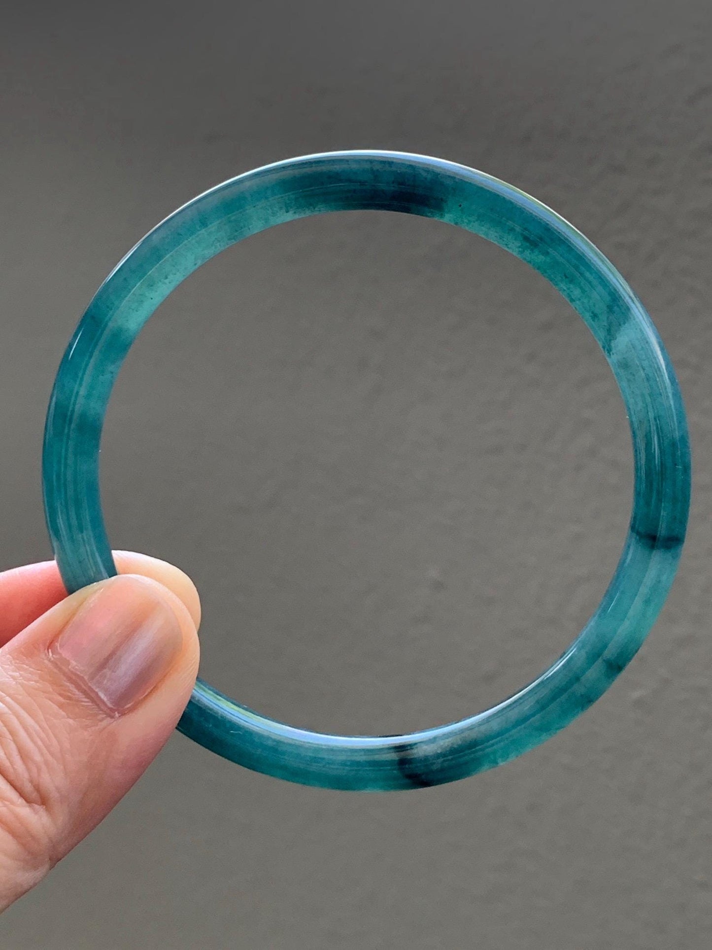 Certified Natural Grade A Guatemalan Icy Translucent Gelatinous Dark Teal Green Jade Jadeite Slim Bangle 59.57mm 21.9g 天然老种冰胶危蓝绿翡翠细圆条手镯 9970