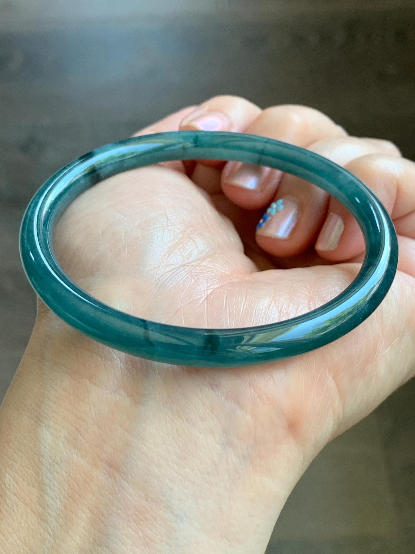 Certified Natural Grade A Guatemalan Icy Translucent Gelatinous Dark Teal Green Jade Jadeite Slim Bangle 59.57mm 21.9g 天然老种冰胶危蓝绿翡翠细圆条手镯 9970