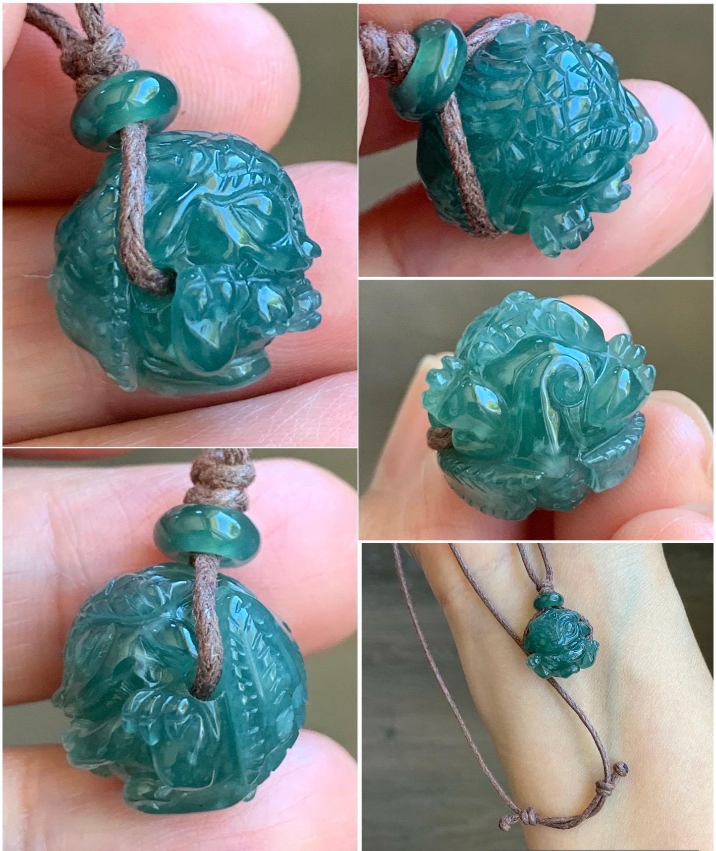 Natural Grade A Guatemalan Icy Translucent Deep Teal Blue Jadeite Baby Dragon Ball Pendant Rope Necklace 27” 6g 天然老种冰胶危深蓝翡翠龙宝宝吊坠 LBX180A