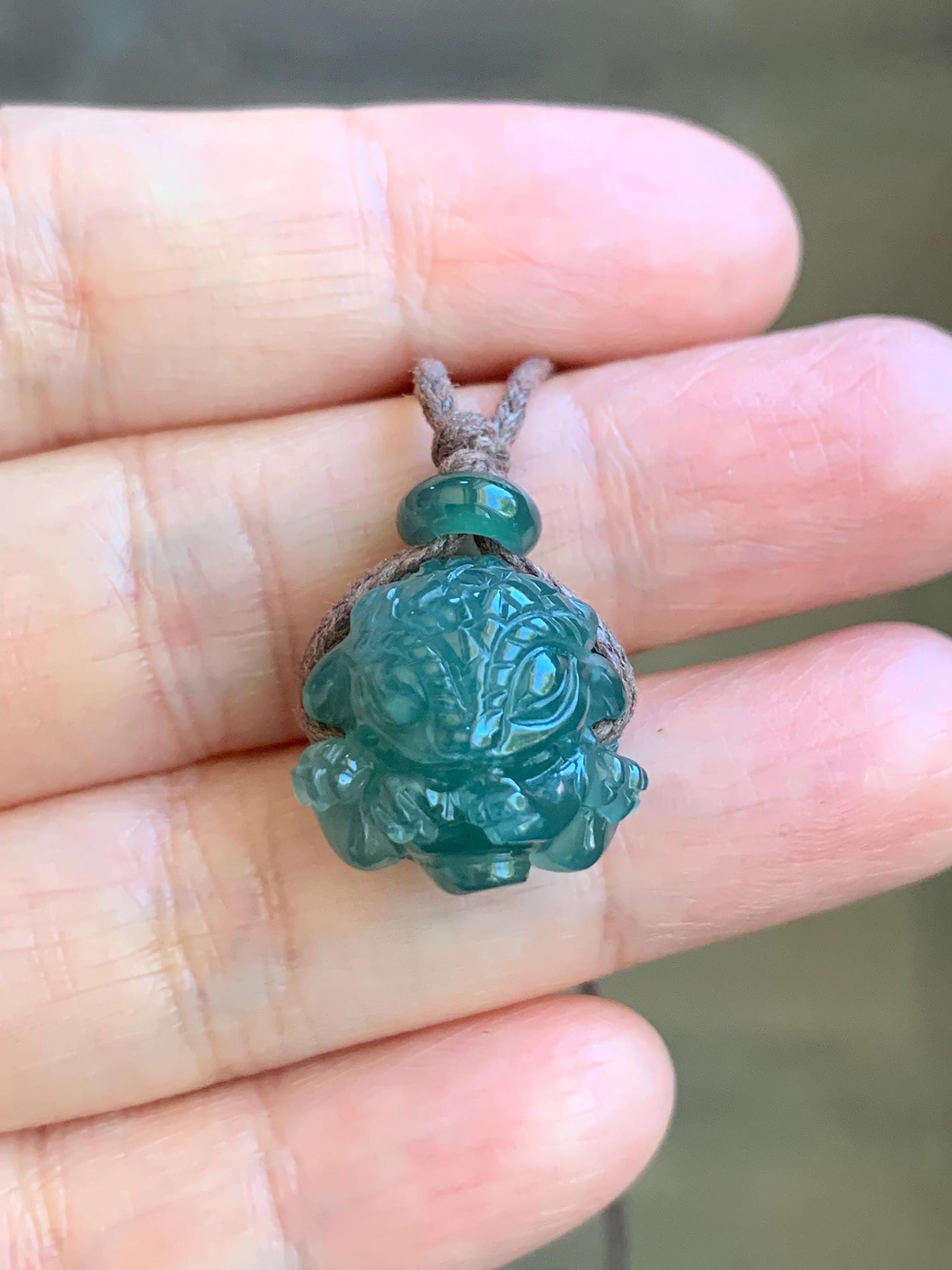Natural Grade A Guatemalan Icy Translucent Deep Teal Blue Jadeite Baby Dragon Ball Pendant Rope Necklace 27” 6g 天然老种冰胶危深蓝翡翠龙宝宝吊坠 LBX180A