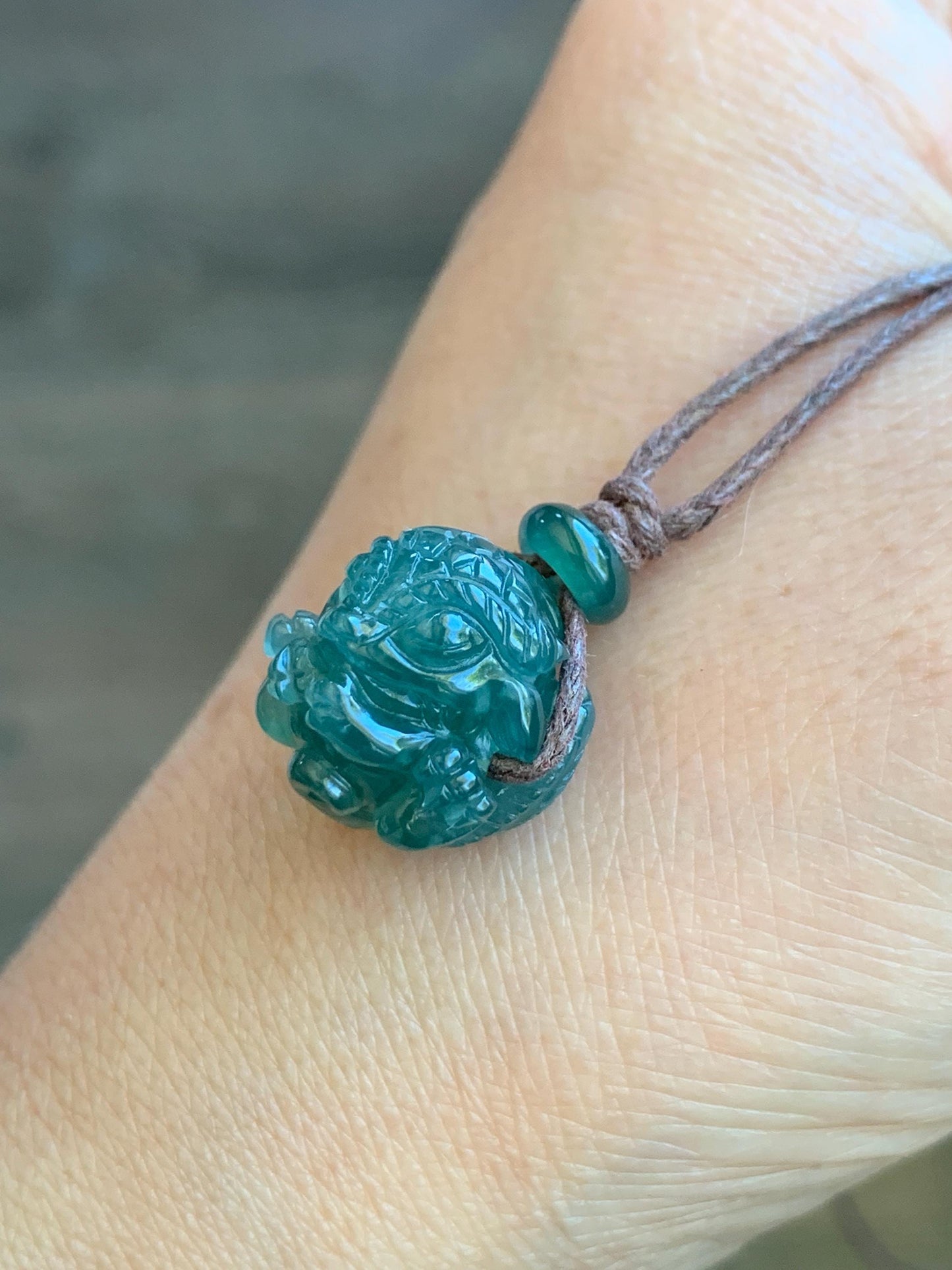 Natural Grade A Guatemalan Icy Translucent Deep Teal Blue Jadeite Baby Dragon Ball Pendant Rope Necklace 27” 6g 天然老种冰胶危深蓝翡翠龙宝宝吊坠 LBX180A