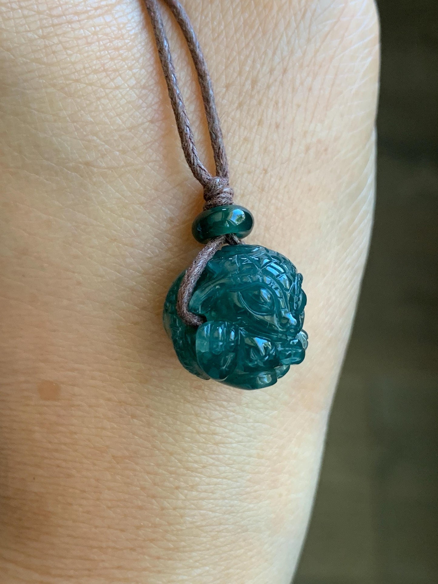 Natural Grade A Guatemalan Icy Translucent Deep Teal Blue Jadeite Baby Dragon Ball Pendant Rope Necklace 25” 7g 天然老种冰胶危深蓝翡翠龙宝宝吊坠 LBX180B