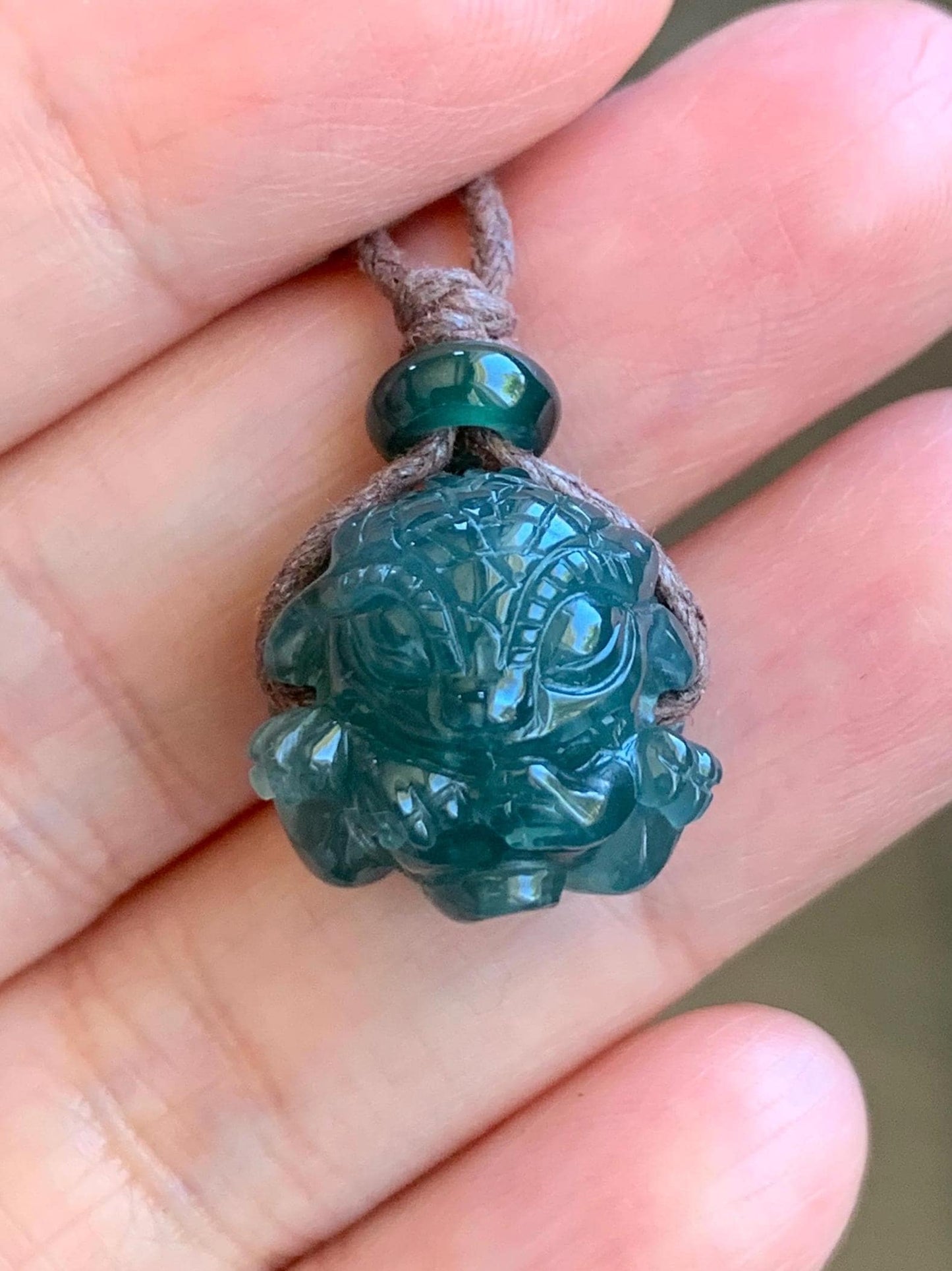 Natural Grade A Guatemalan Icy Translucent Deep Teal Blue Jadeite Baby Dragon Ball Pendant Rope Necklace 25” 7g 天然老种冰胶危深蓝翡翠龙宝宝吊坠 LBX180B
