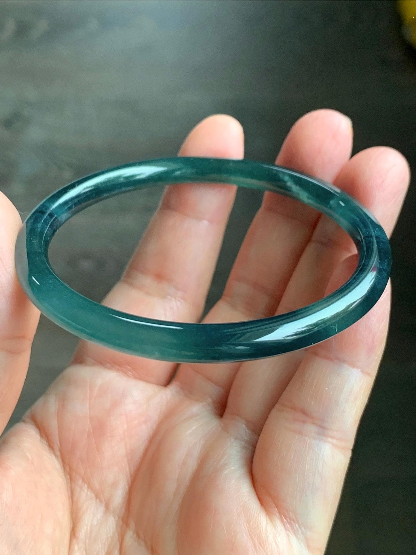 Natural Grade A Guatemalan Icy Translucent Gelatinous Dark Teal Green Jade Jadeite Slim Bangle 55.69mm 17g 天然老种冰胶危蓝绿翡翠细圆条手镯 WLU305A