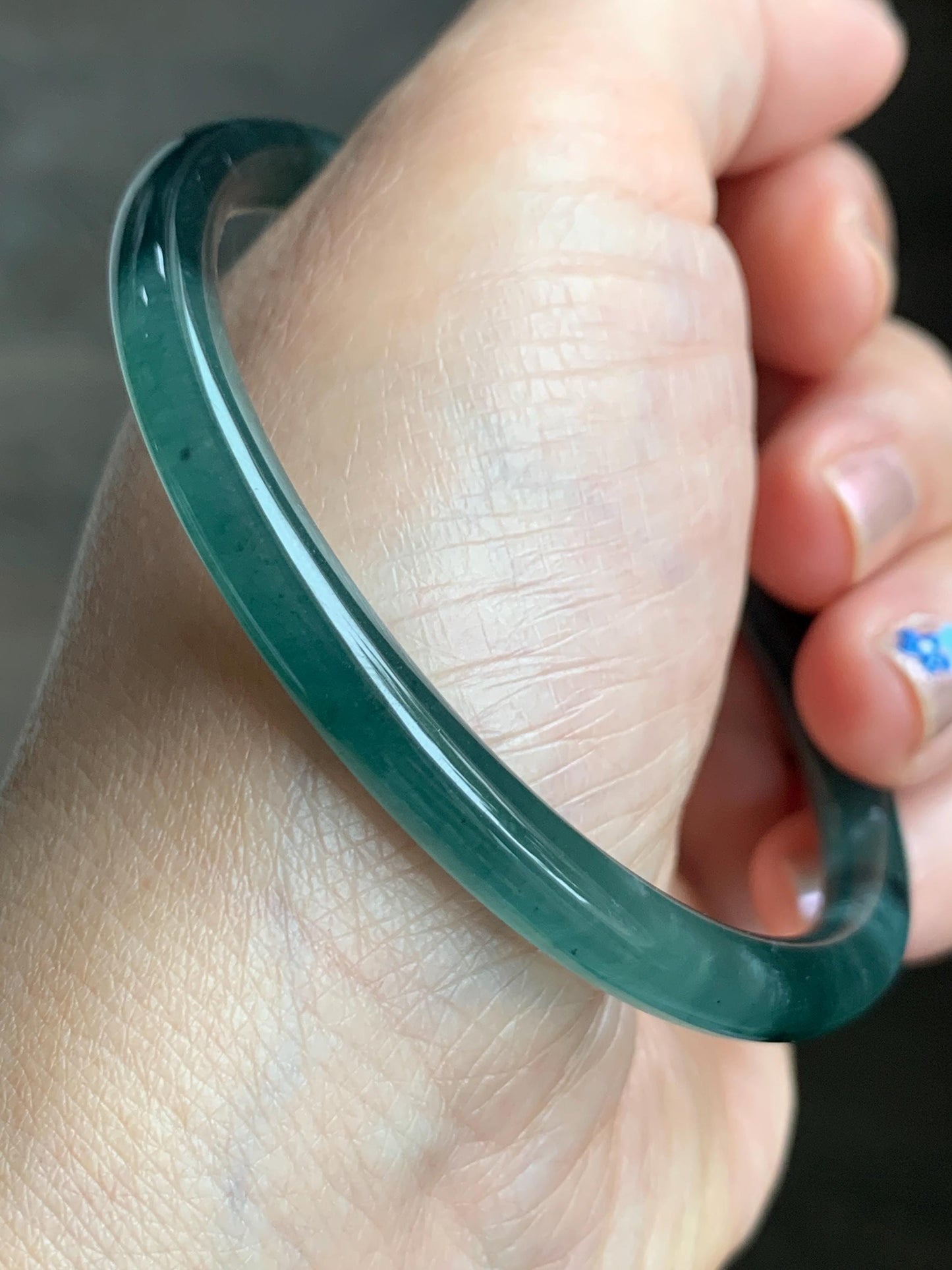 Natural Grade A Guatemalan Icy Translucent Gelatinous Dark Teal Green Jade Jadeite Slim Bangle 58.7mm 19g 天然老种冰胶危蓝绿翡翠细圆条手镯 WLU305B
