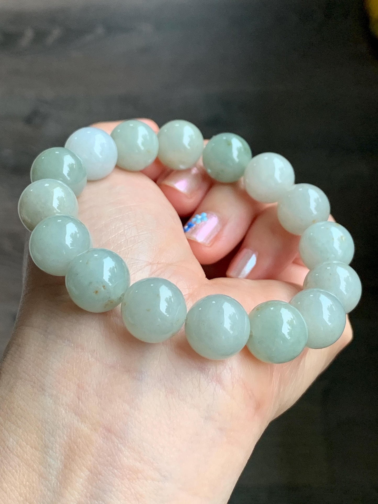 Natural Grade A Icy Translucent Pastel Dusty Green Multicolored Jadeite Large Beaded Bracelet Stretchy 12.88mm 7.5” 58g 天然细糯多宝翡翠大卡手串 AYS268