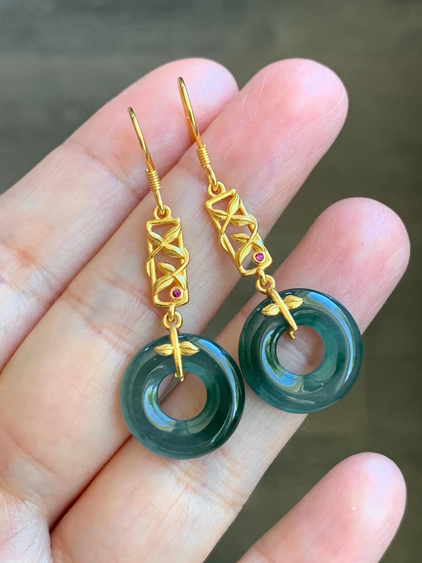 Natural Grade A Guatemalan Icy Translucent Teal Green Jade Jadeite Ping An Kou Donut Dangle Earrings Sterling Silver 天然冰危深蓝绿翡翠平安扣耳钩 ZJK138
