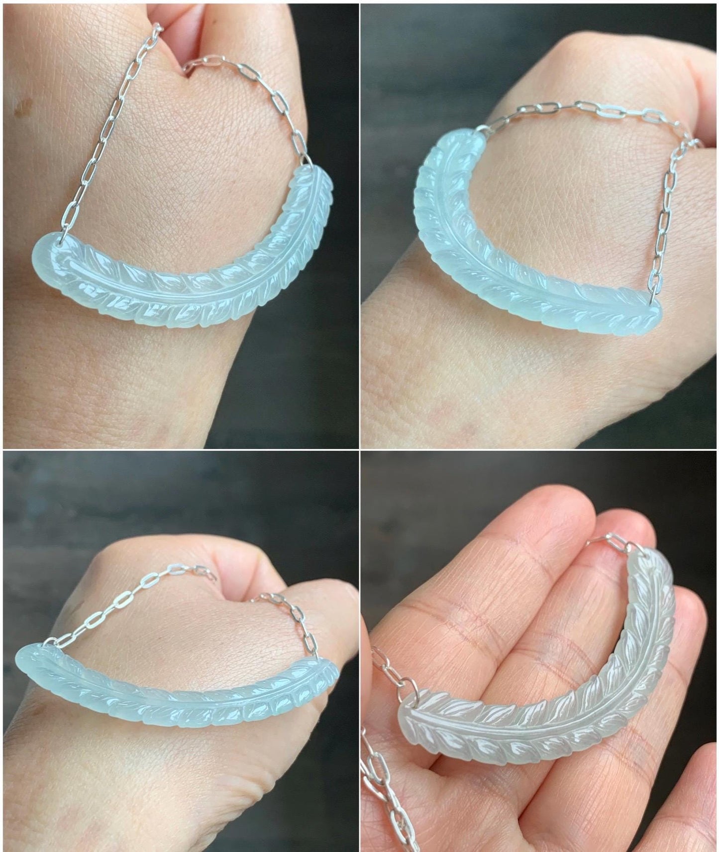 Natural Grade A Icy Highly Translucent Jade Jadeite Crescent Feather Pendant 999 Sterling Silver Necklace 19" 8g 天然冰胶晴底翡翠羽毛玉横足银项链 MBY250