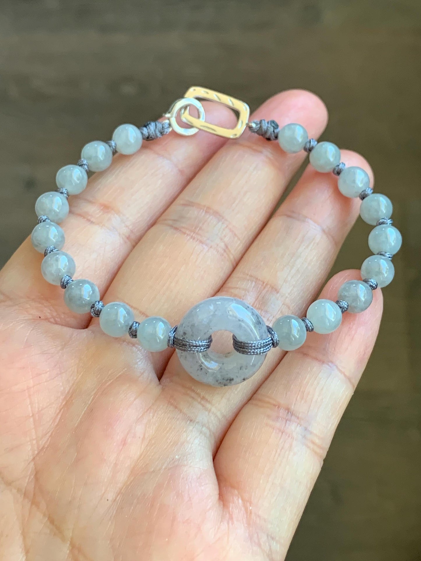 Natural Grade A Icy Translucent Gelatinous Wuji Jadeite Ping An Kou Donut Beaded Bracelet Sterling Silver 7” 6mm 10g 天然冰乌鸡翡翠平安扣珠串手串 WJK129