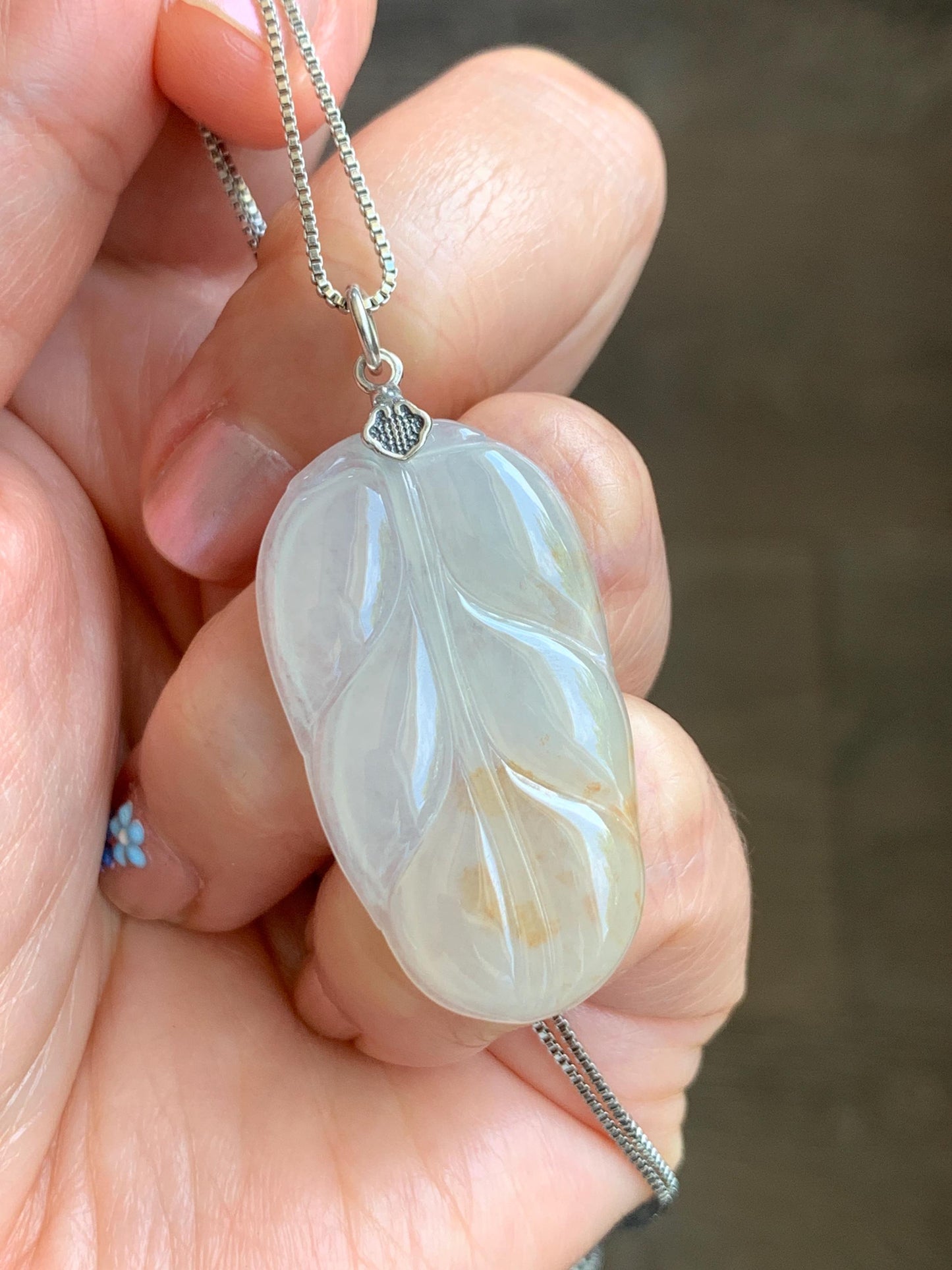 Natural Grade A Icy Highly Translucent Light Beige Golden Marbled Jade Jadeite Leaf Pendant Sterling Silver 6g 天然冰糖撒金翡翠大叶有成吊坠 MBT-Y