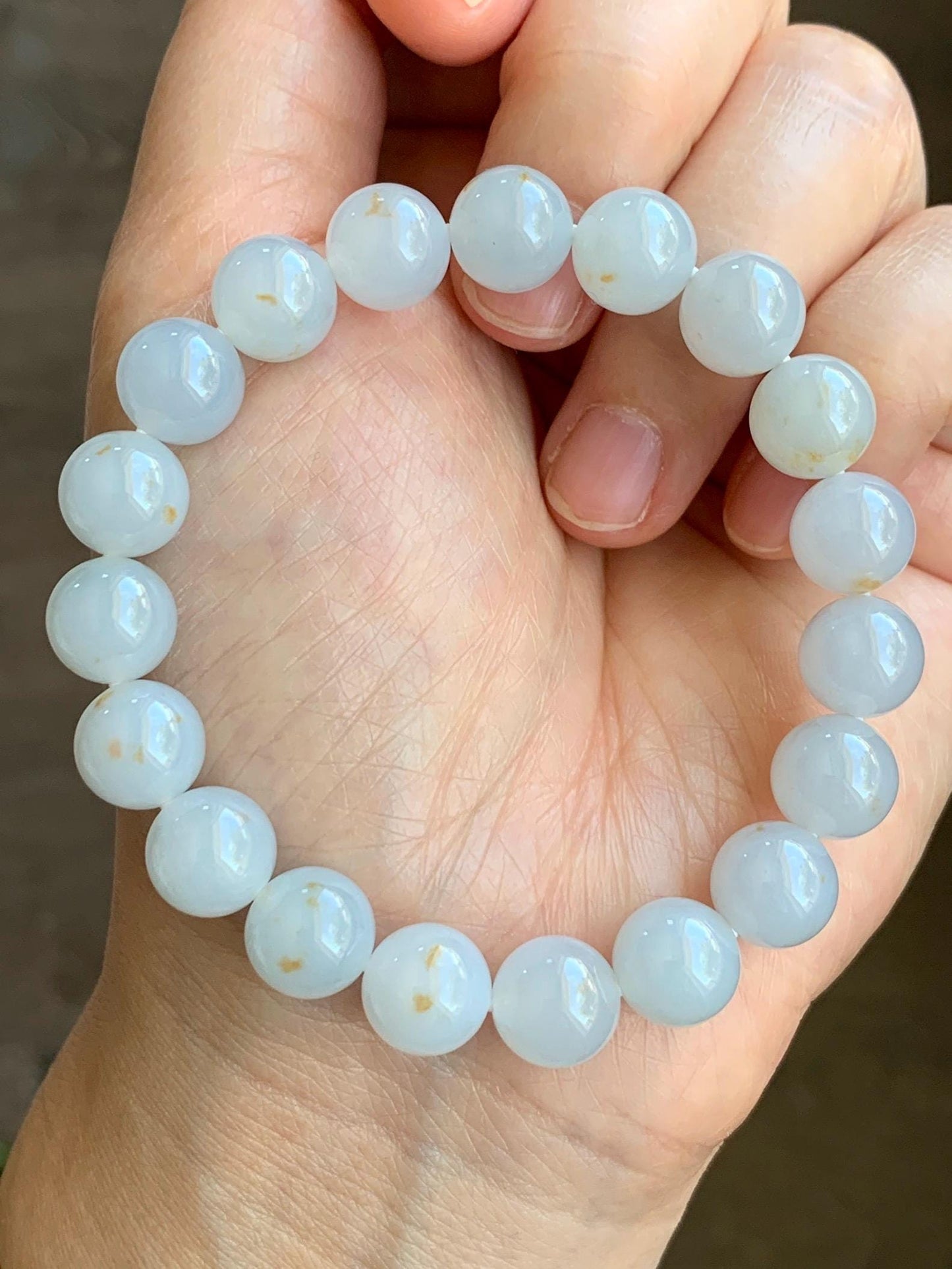 Certified Natural Grade A Icy Translucent Gelatinous Pastel Blue Golden Marbled Jadeite Beaded Bracelet 10mm 7” 天然老种冰胶淡蓝底撒金翡翠大卡圆珠手串 1124