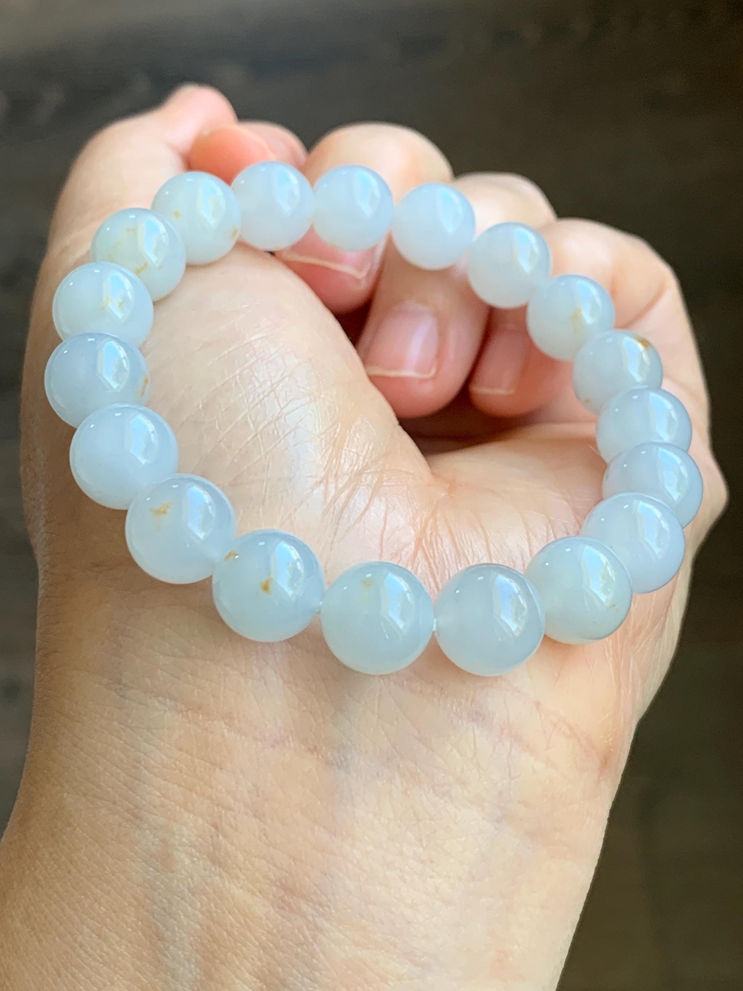 Certified Natural Grade A Icy Translucent Gelatinous Pastel Blue Golden Marbled Jadeite Beaded Bracelet 10mm 7” 天然老种冰胶淡蓝底撒金翡翠大卡圆珠手串 1124