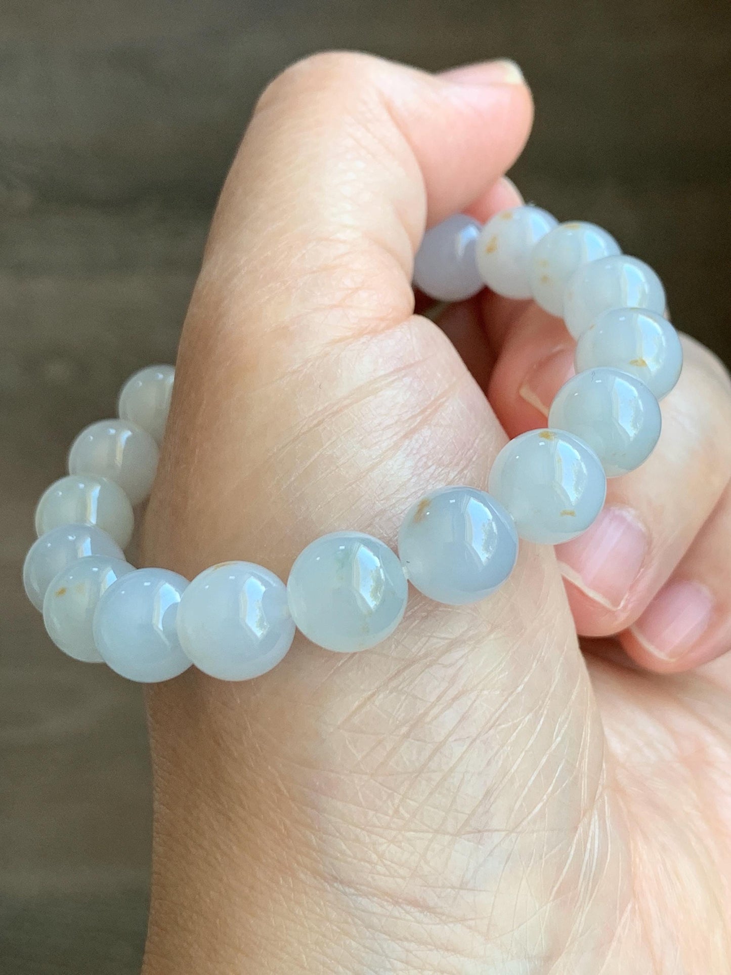 Certified Natural Grade A Icy Translucent Gelatinous Pastel Blue Golden Marbled Jadeite Beaded Bracelet 10mm 7” 天然老种冰胶淡蓝底撒金翡翠大卡圆珠手串 1124