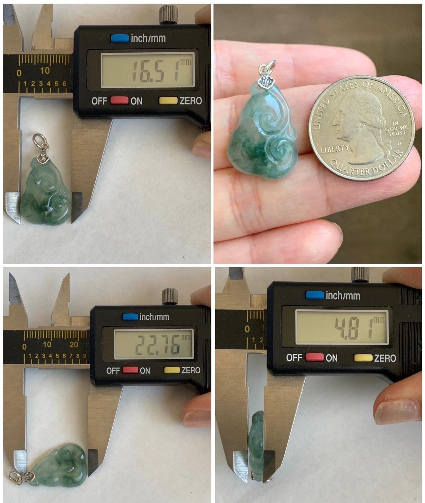 Natural Grade A Icy Highly Translucent Gelatinous Green Marbled Jadeite Pudgy Ruyi Petite Pendant Sterling Silver 3g 天然冰胶老种飘绿花翡翠如意吊坠 MPR190