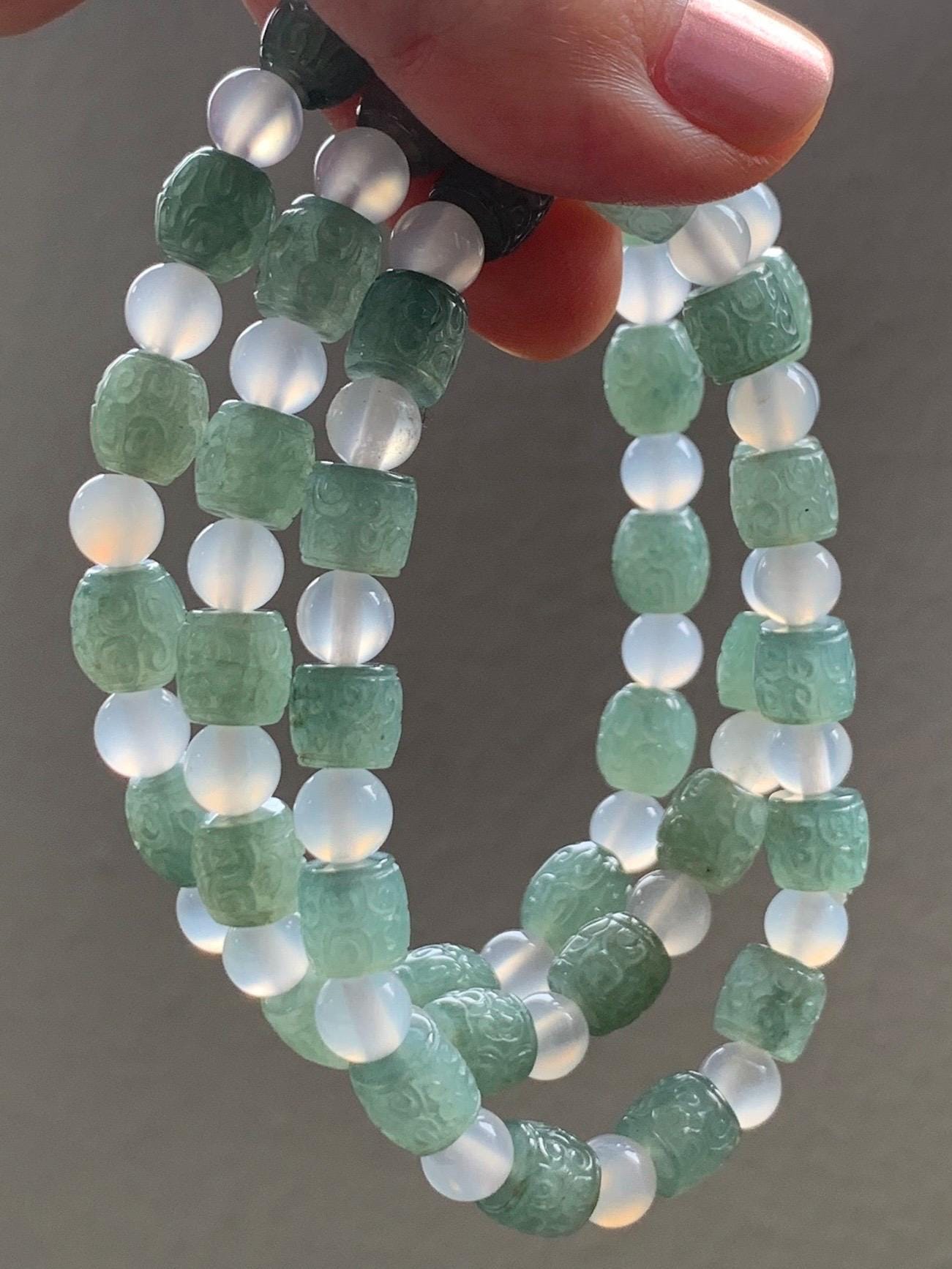 Natural Grade A Icy Translucent Gelatinous Dusty Green Jadeite Engraved Barrel Beads Agates Beaded Bracelet 7" or 7.5” 天然冰胶淡绿翡翠仿古桶珠手串 FGZ368