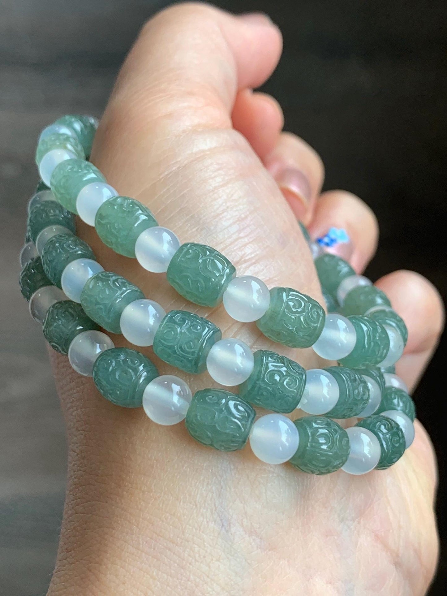 Natural Grade A Icy Translucent Gelatinous Dusty Green Jadeite Engraved Barrel Beads Agates Beaded Bracelet 7" or 7.5” 天然冰胶淡绿翡翠仿古桶珠手串 FGZ368