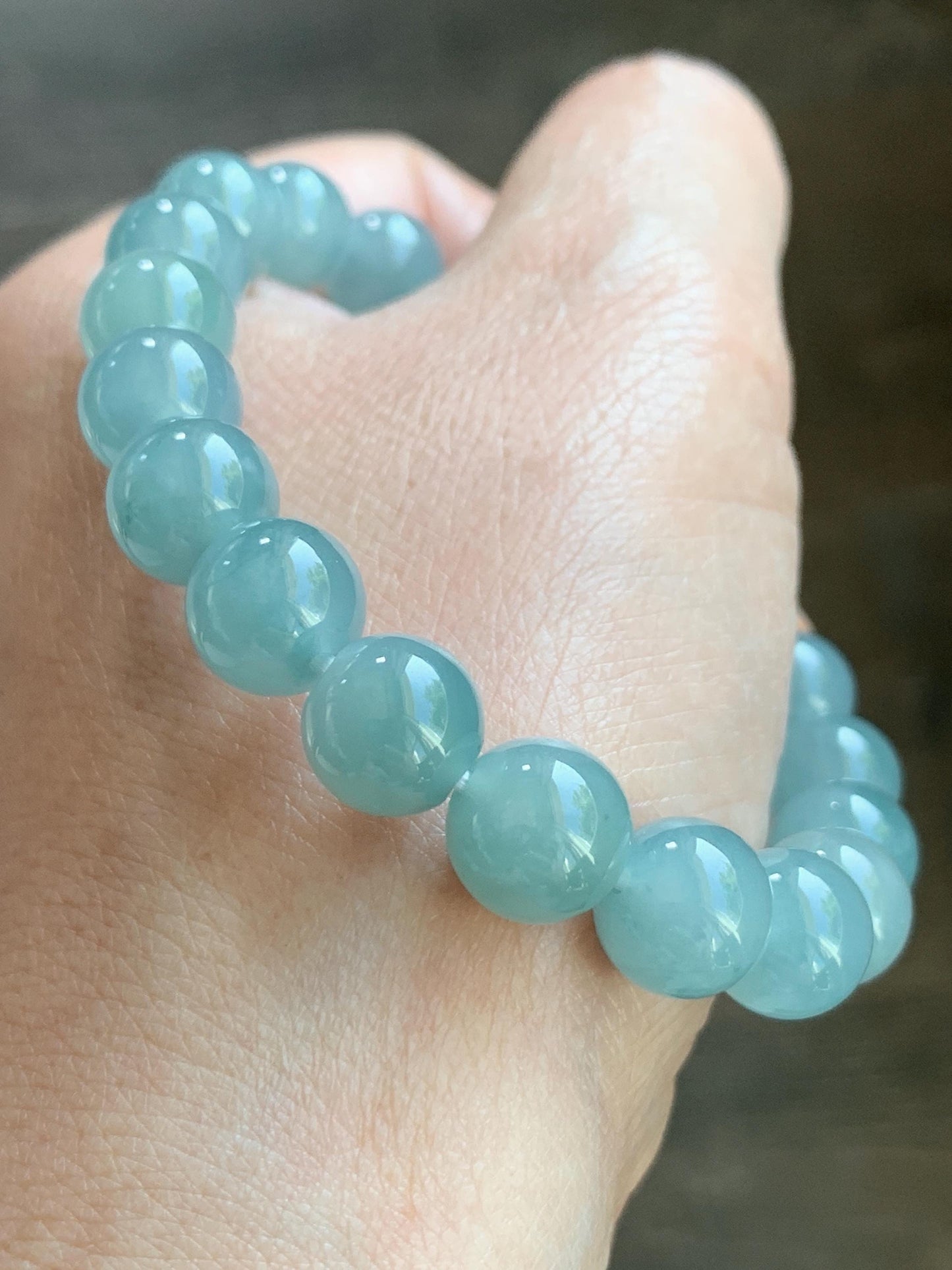 Natural Grade A Guatemalan Icy Highly Translucent Gelatinous Light Teal Blue Jadeite Beaded Bracelet 7.25” 9.7mm 30g 天然冰胶危浅蓝翡翠圆珠手串 WTL308