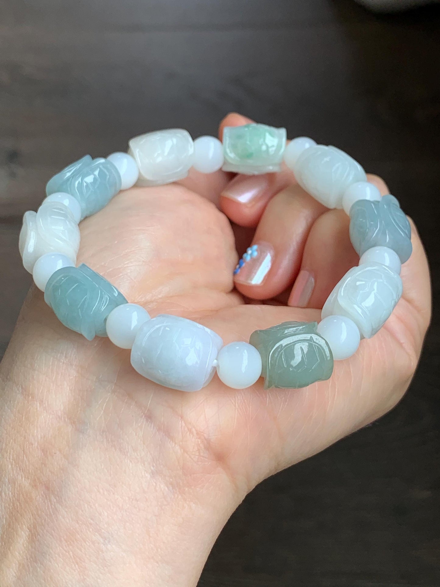 Natural Grade A Icy Translucent Multicolored Jade Jadeite Carved Turtle Shell Charm Beaded Bracelet 8” 46g Stretchy 天然冰多宝色翡翠富甲玛瑙手串 FJD336