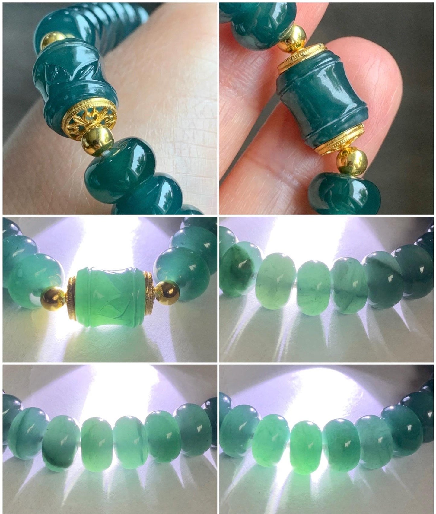 Natural Grade A Guatemalan Icy Translucent Intense Teal Blue Jade Jadeite Drum Beads Bamboo Bead Beaded Bracelet 6.75” 天然冰危深蓝翡翠鼓珠竹节珠手串 ZJ169