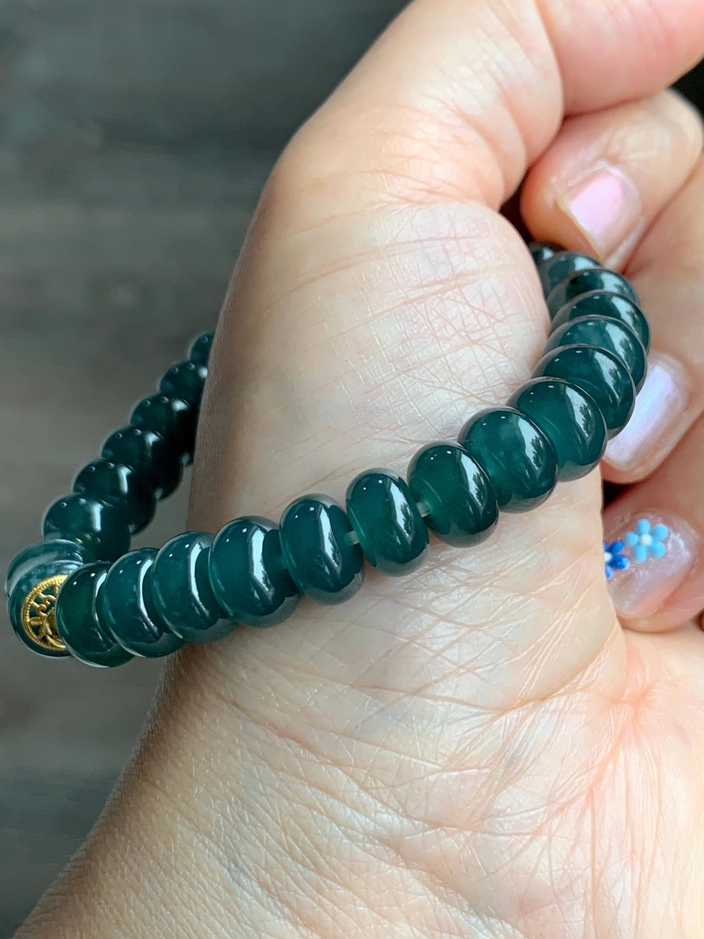 Natural Grade A Guatemalan Icy Translucent Intense Teal Blue Jade Jadeite Drum Beads Bamboo Bead Beaded Bracelet 6.75” 天然冰危深蓝翡翠鼓珠竹节珠手串 ZJ169