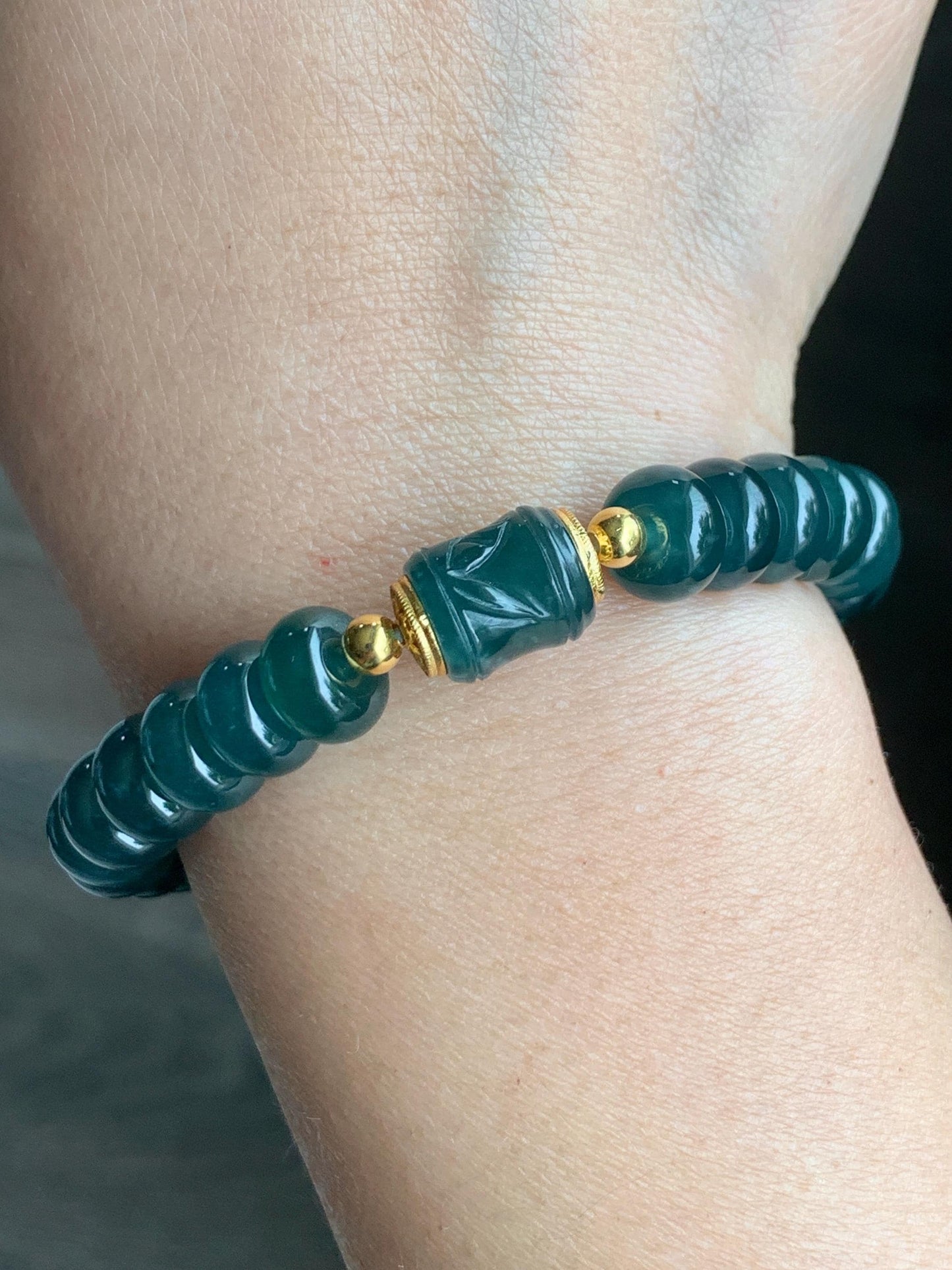 Natural Grade A Guatemalan Icy Translucent Intense Teal Blue Jade Jadeite Drum Beads Bamboo Bead Beaded Bracelet 6.75” 天然冰危深蓝翡翠鼓珠竹节珠手串 ZJ169