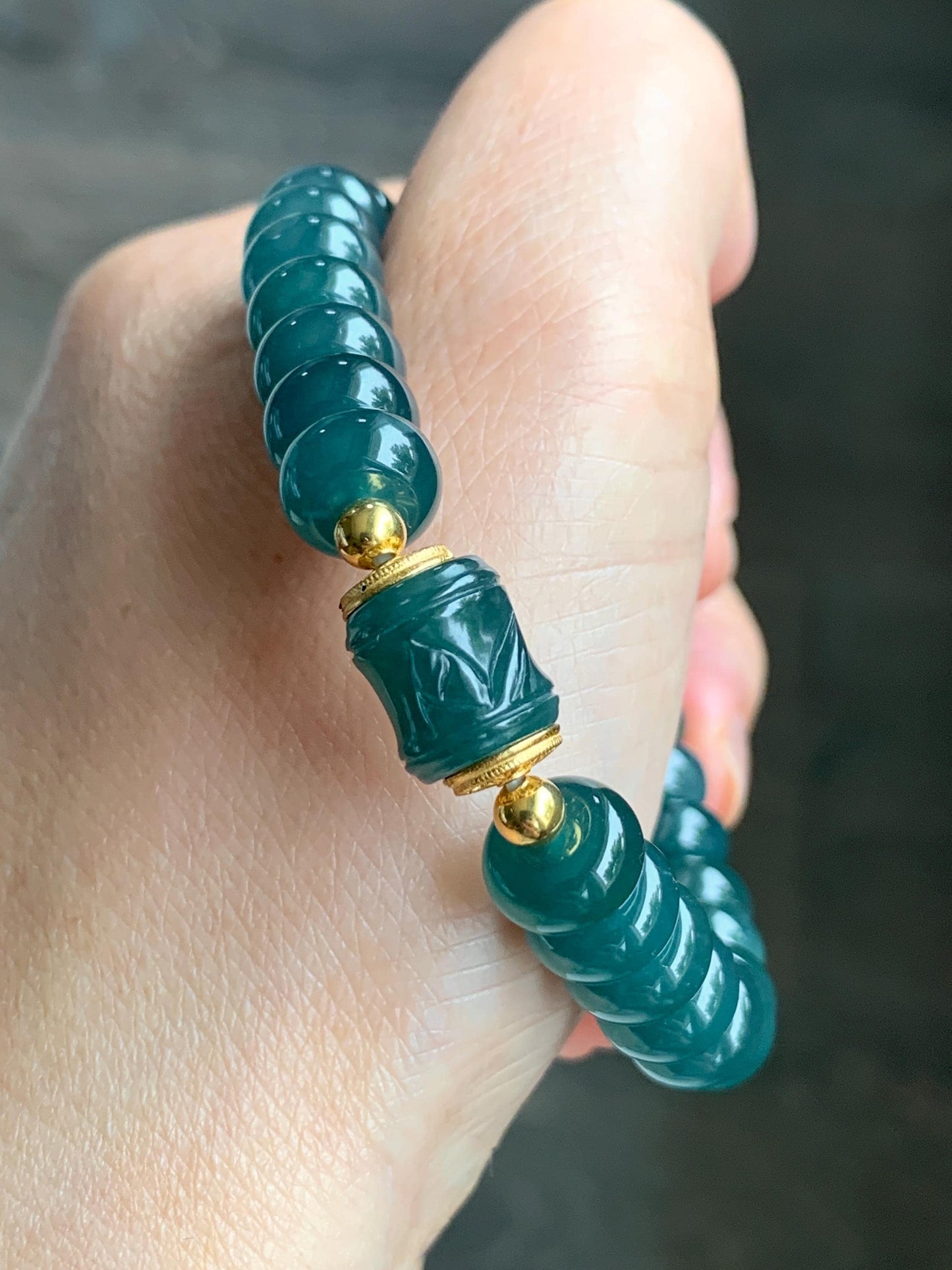 Natural Grade A Guatemalan Icy Translucent Intense Teal Blue Jade Jadeite Drum Beads Bamboo Bead Beaded Bracelet 6.75” 天然冰危深蓝翡翠鼓珠竹节珠手串 ZJ169