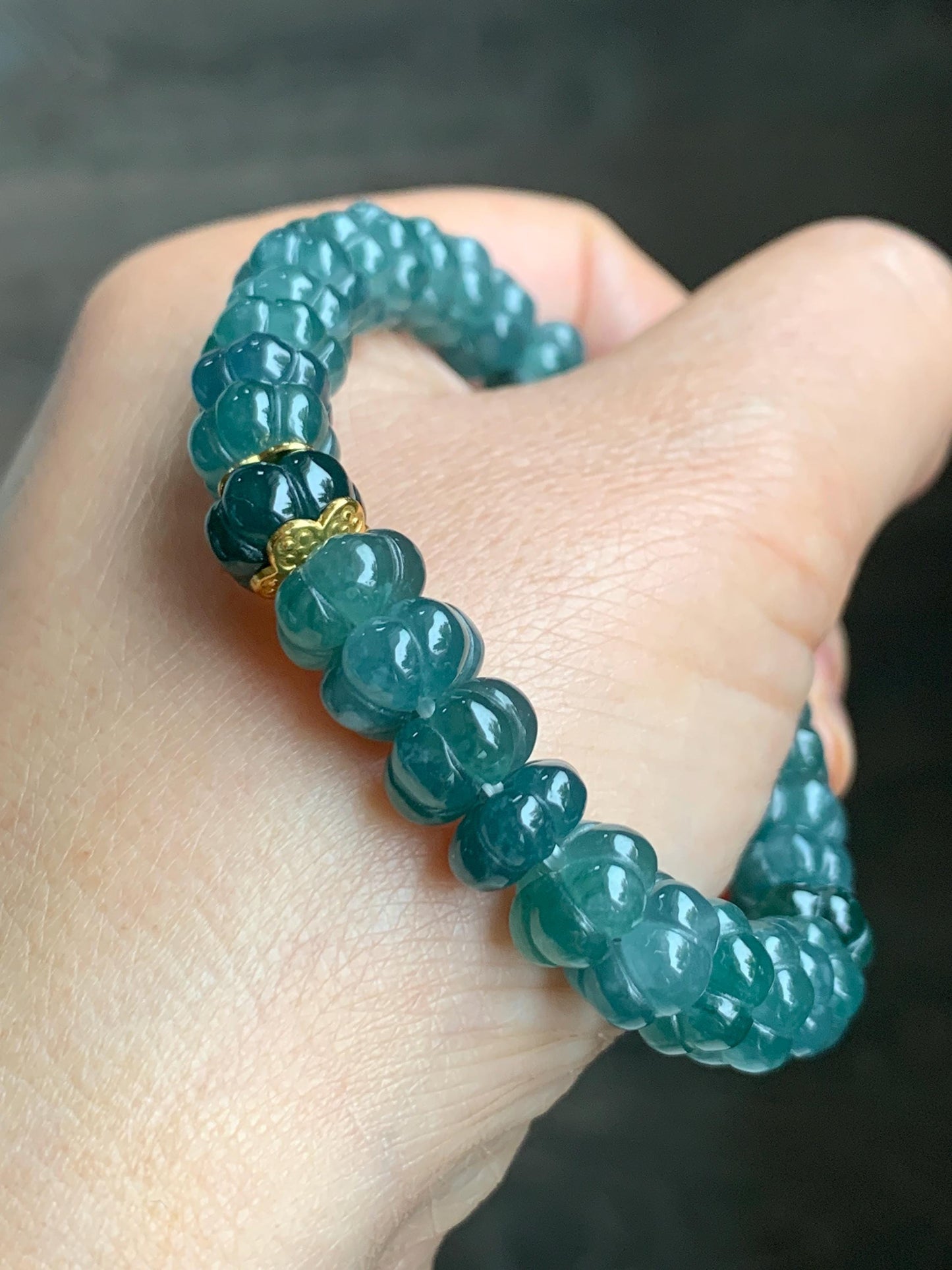 Natural Grade A Guatemalan Icy Translucent Teal Blue Jadeite Carved Pumpkin Beads Beaded Bracelet Sterling Silver 6.5” 天然冰危蓝翡翠南瓜珠手串 NGZ88