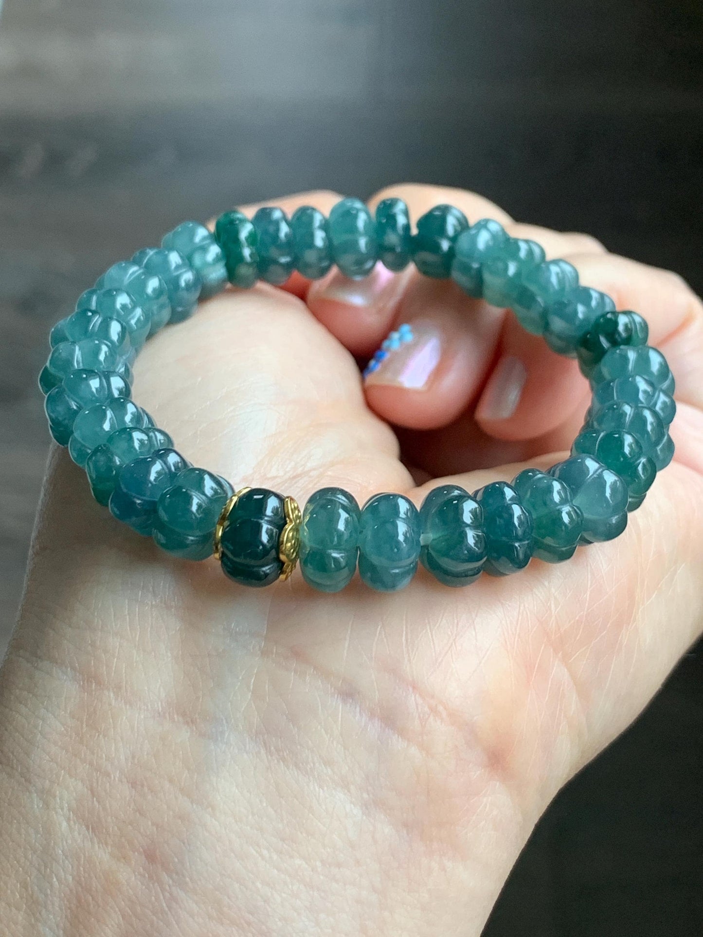 Natural Grade A Guatemalan Icy Translucent Teal Blue Jadeite Carved Pumpkin Beads Beaded Bracelet Sterling Silver 6.5” 天然冰危蓝翡翠南瓜珠手串 NGZ88