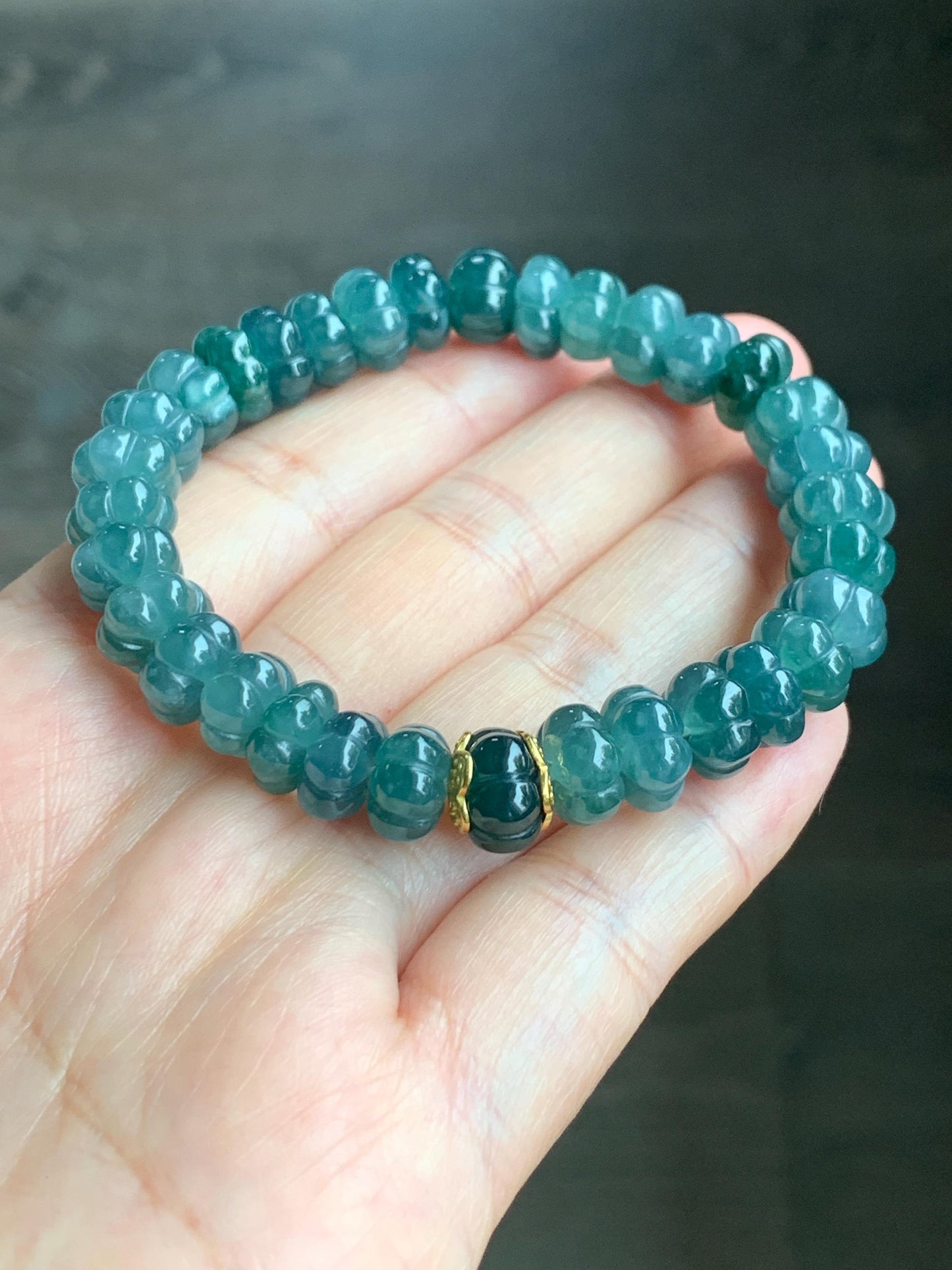 Natural Grade A Guatemalan Icy Translucent Teal Blue Jadeite Carved Pumpkin Beads Beaded Bracelet Sterling Silver 6.5” 天然冰危蓝翡翠南瓜珠手串 NGZ88