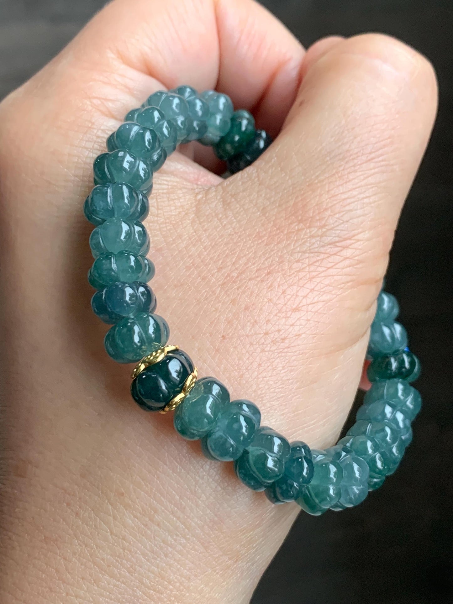 Natural Grade A Guatemalan Icy Translucent Teal Blue Jadeite Carved Pumpkin Beads Beaded Bracelet Sterling Silver 6.5” 天然冰危蓝翡翠南瓜珠手串 NGZ88