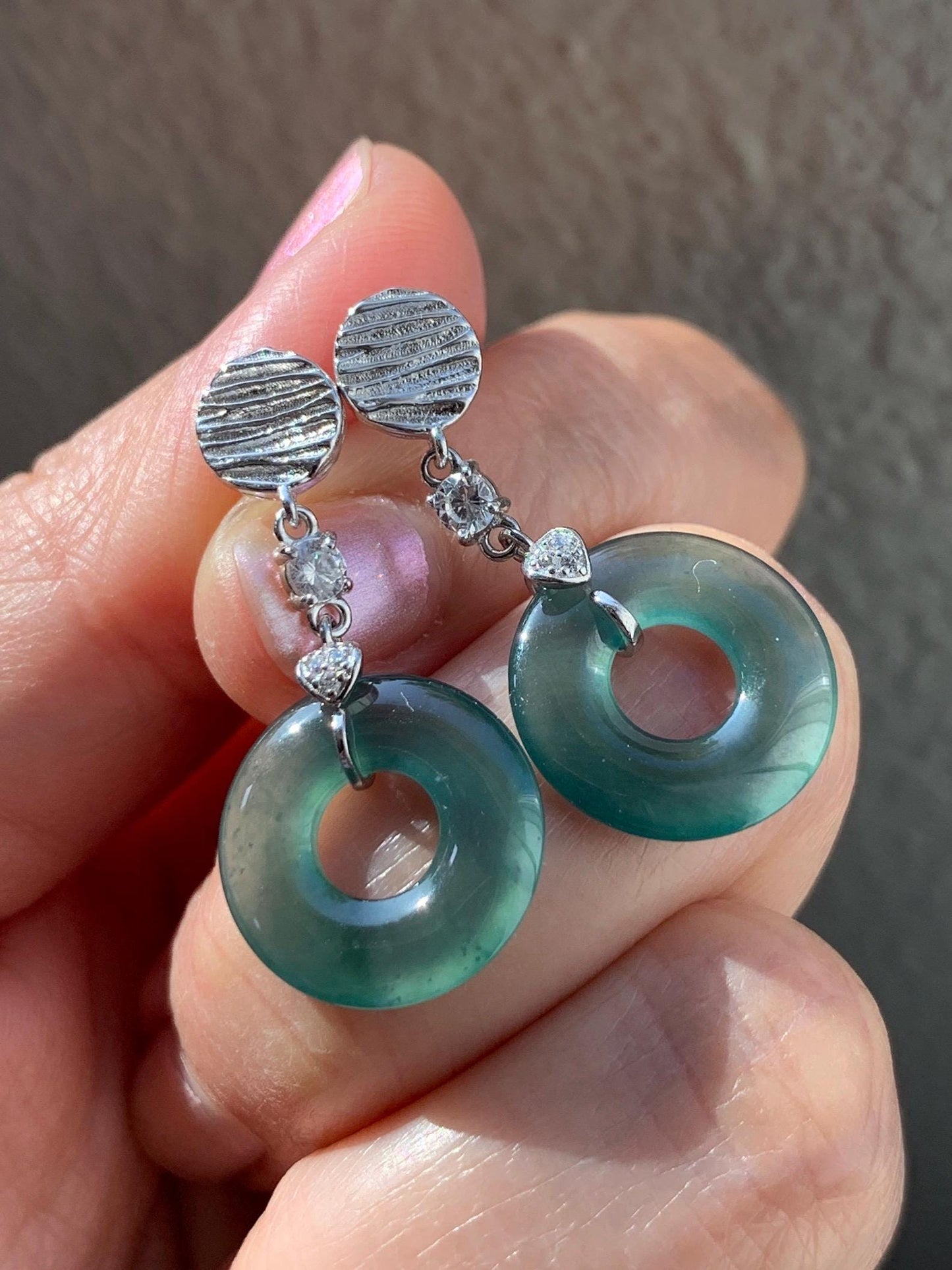 Natural Guatemalan Icy Highly Translucent Teal Green Jade Jadeite Ping An Kou Donut Stud Earrings Sterling Silver 天然冰危蓝绿翡翠平安扣耳钉 PAD-D