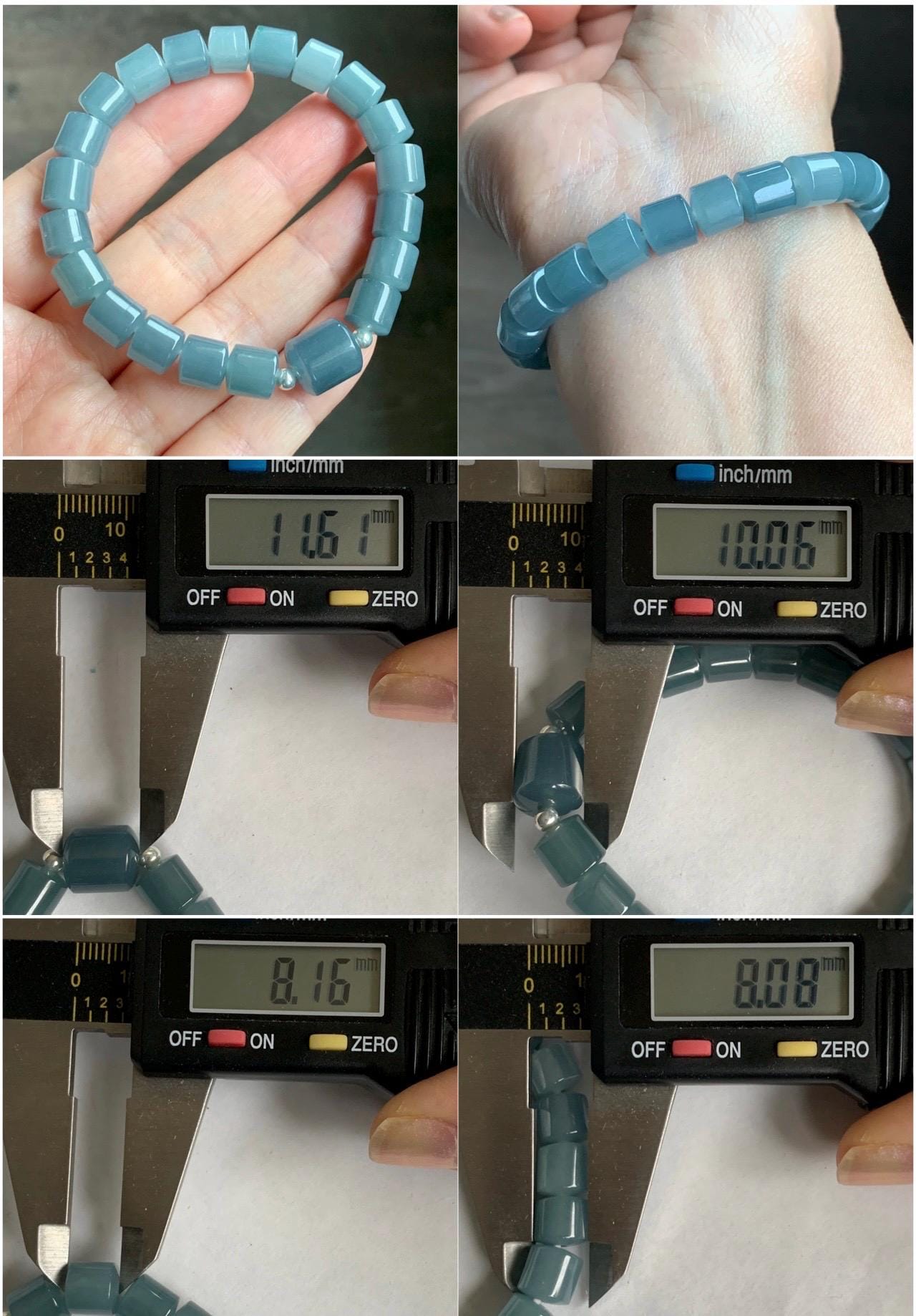 Natural Grade A Guatemalan Icy Translucent Gelatinous Dusty Blue Jadeite Barrel Beads Beaded Bracelet Stretchy 6.75” 26g 天然冰危篮翡翠桶珠手串 WLG213A