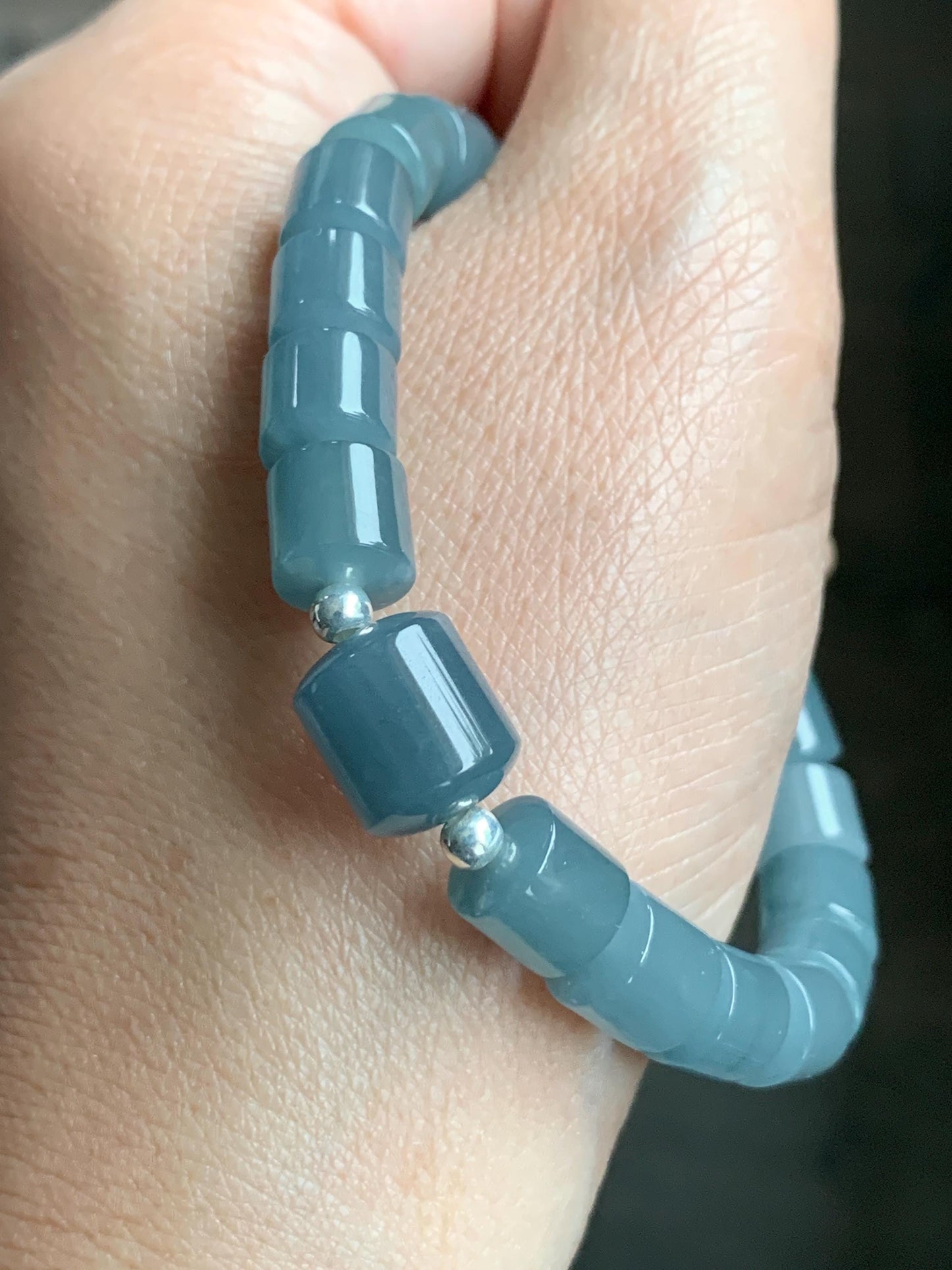 Natural Grade A Guatemalan Icy Translucent Gelatinous Dusty Blue Jadeite Barrel Beads Beaded Bracelet Stretchy 6.75” 26g 天然冰危篮翡翠桶珠手串 WLG213A