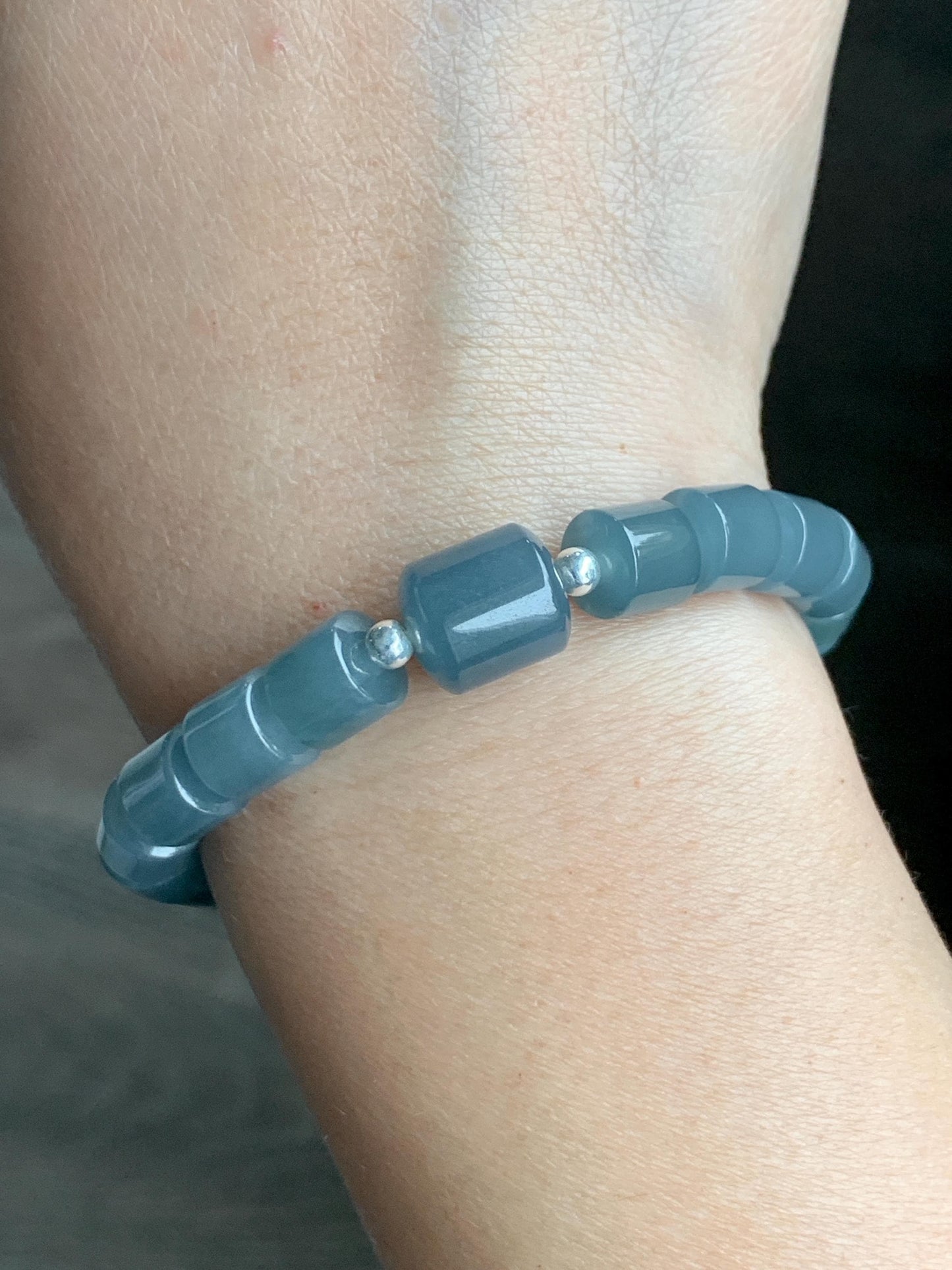 Natural Grade A Guatemalan Icy Translucent Gelatinous Dusty Blue Jadeite Barrel Beads Beaded Bracelet Stretchy 6.75” 26g 天然冰危篮翡翠桶珠手串 WLG213A