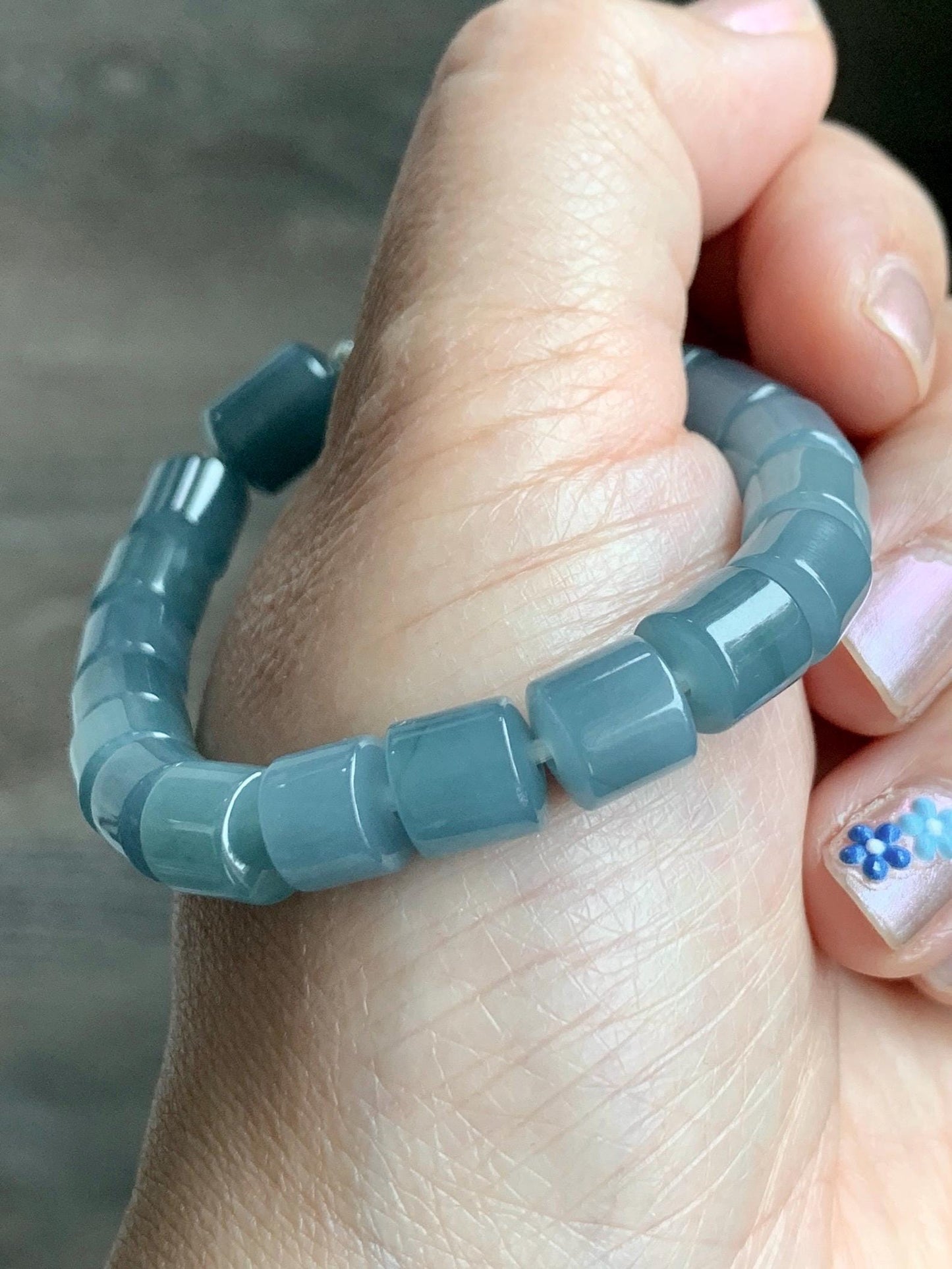 Natural Grade A Guatemalan Icy Translucent Gelatinous Dusty Blue Jadeite Barrel Beads Beaded Bracelet Stretchy 6.5” 25g 天然冰危篮翡翠桶珠手串 WLG213B
