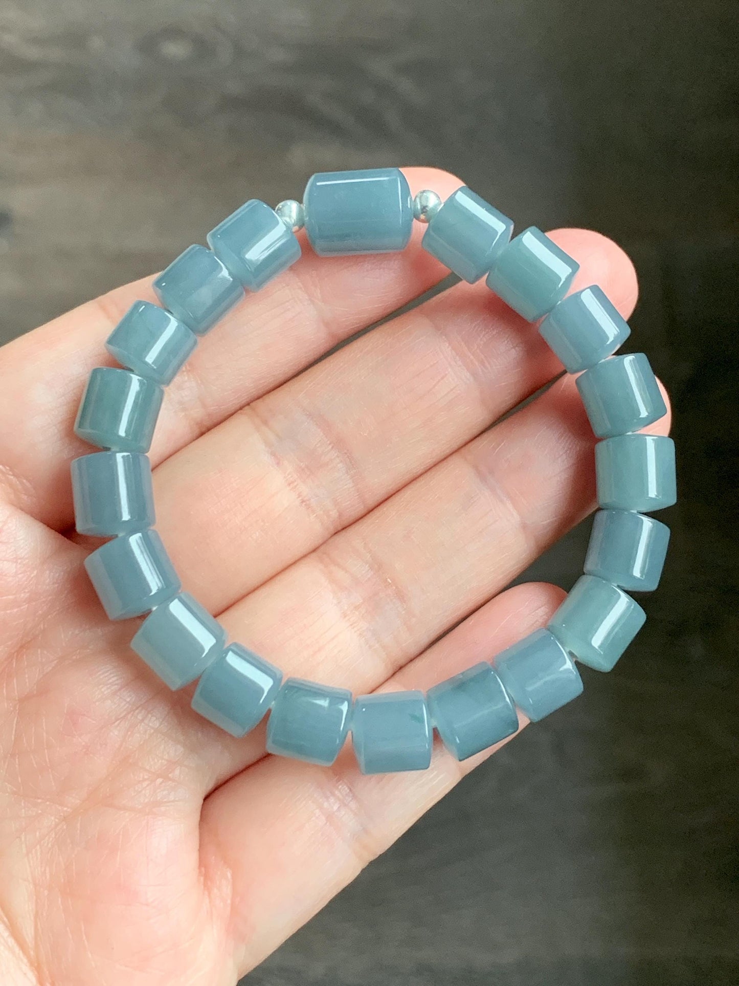 Natural Grade A Guatemalan Icy Translucent Gelatinous Dusty Blue Jadeite Barrel Beads Beaded Bracelet Stretchy 6.5” 25g 天然冰危篮翡翠桶珠手串 WLG213B