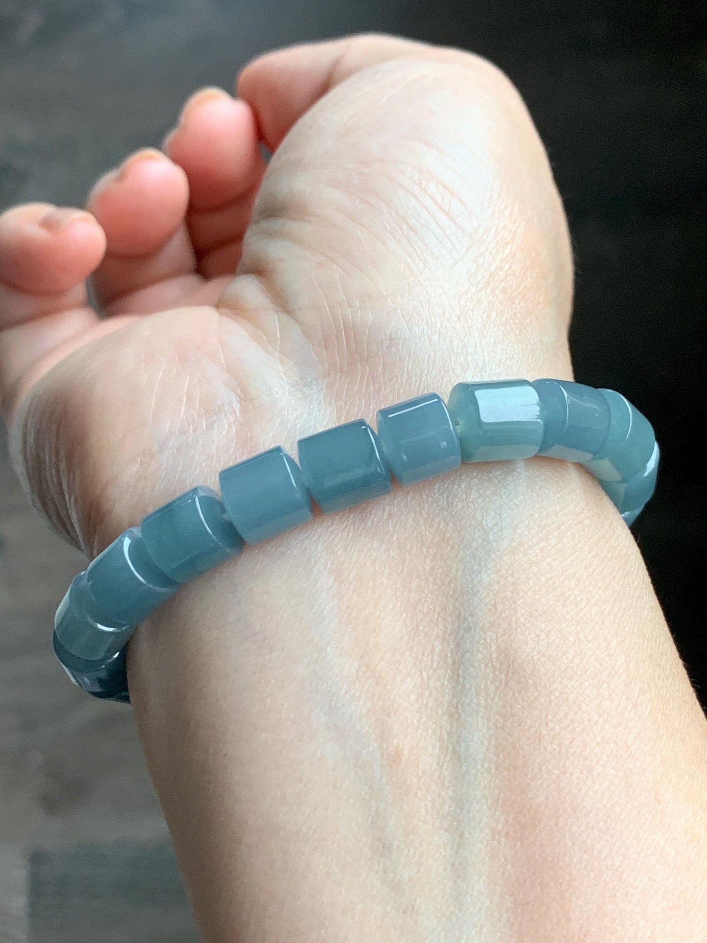 Natural Grade A Guatemalan Icy Translucent Gelatinous Dusty Blue Jadeite Barrel Beads Beaded Bracelet Stretchy 6.5” 25g 天然冰危篮翡翠桶珠手串 WLG213B