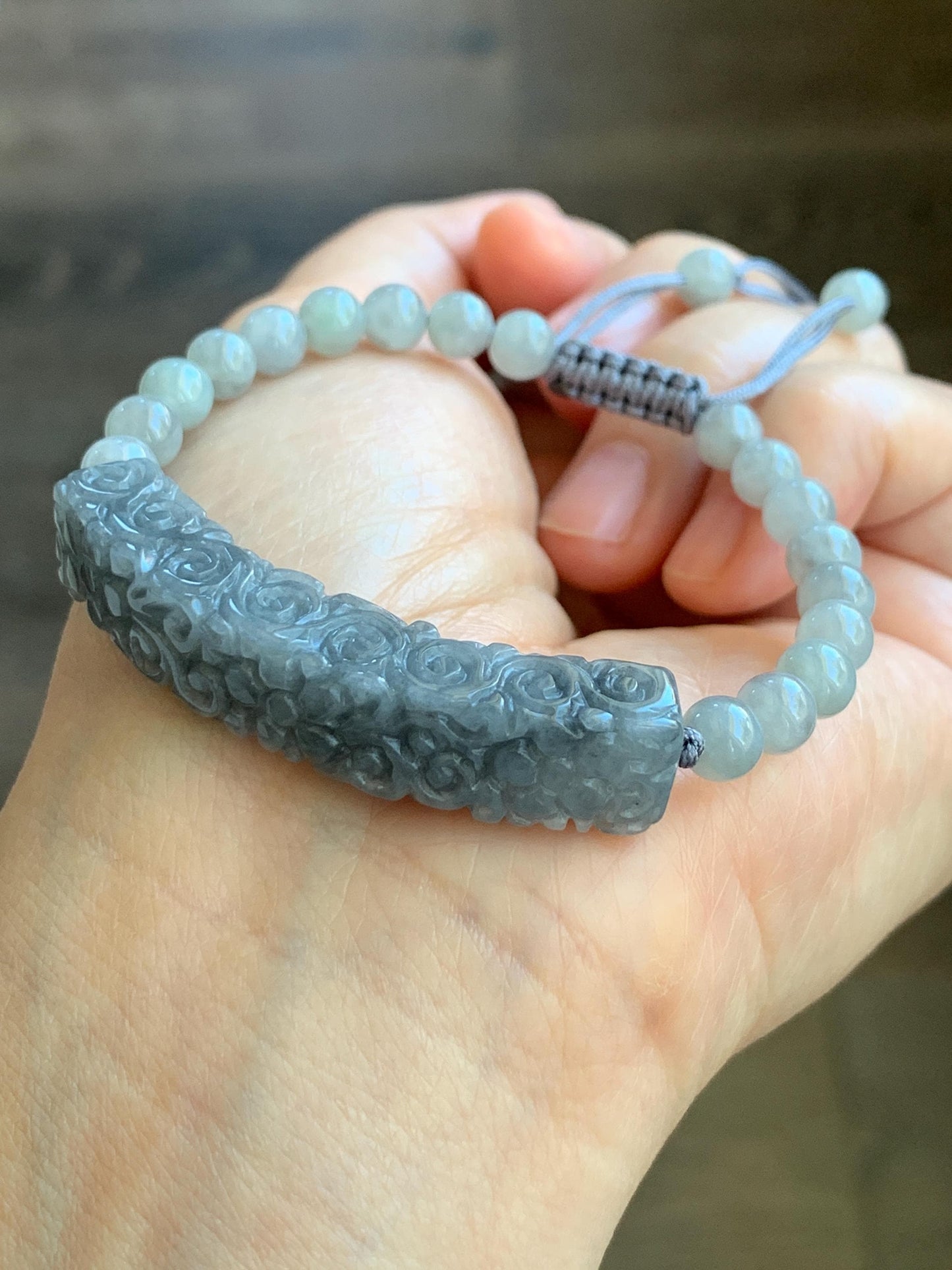 Natural Grade A Icy Translucent Wuji Jadeite Engraved Cuff Wuji Jadeite Beads Beaded Rope Bracelet 6.75” 19g 天然冰乌鸡翡翠仿古雕手牌手串 FGW129