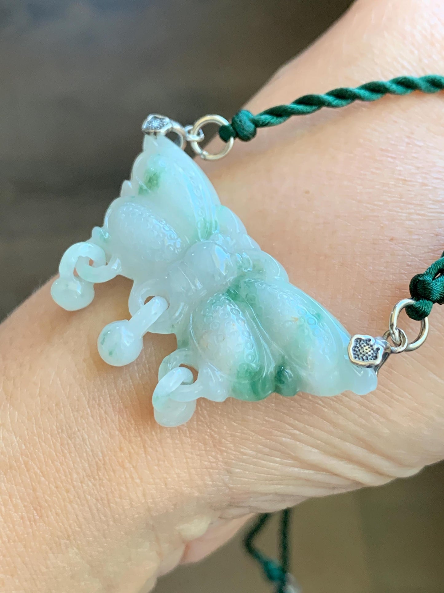 Natural Grade A Icy Translucent Green Marbled Jadeite Butterfly Pendant Rope Necklace Sterling Silver Clasp 20” 11g 天然冰飘花翡翠蝴蝶玉衡吊坠项链 A