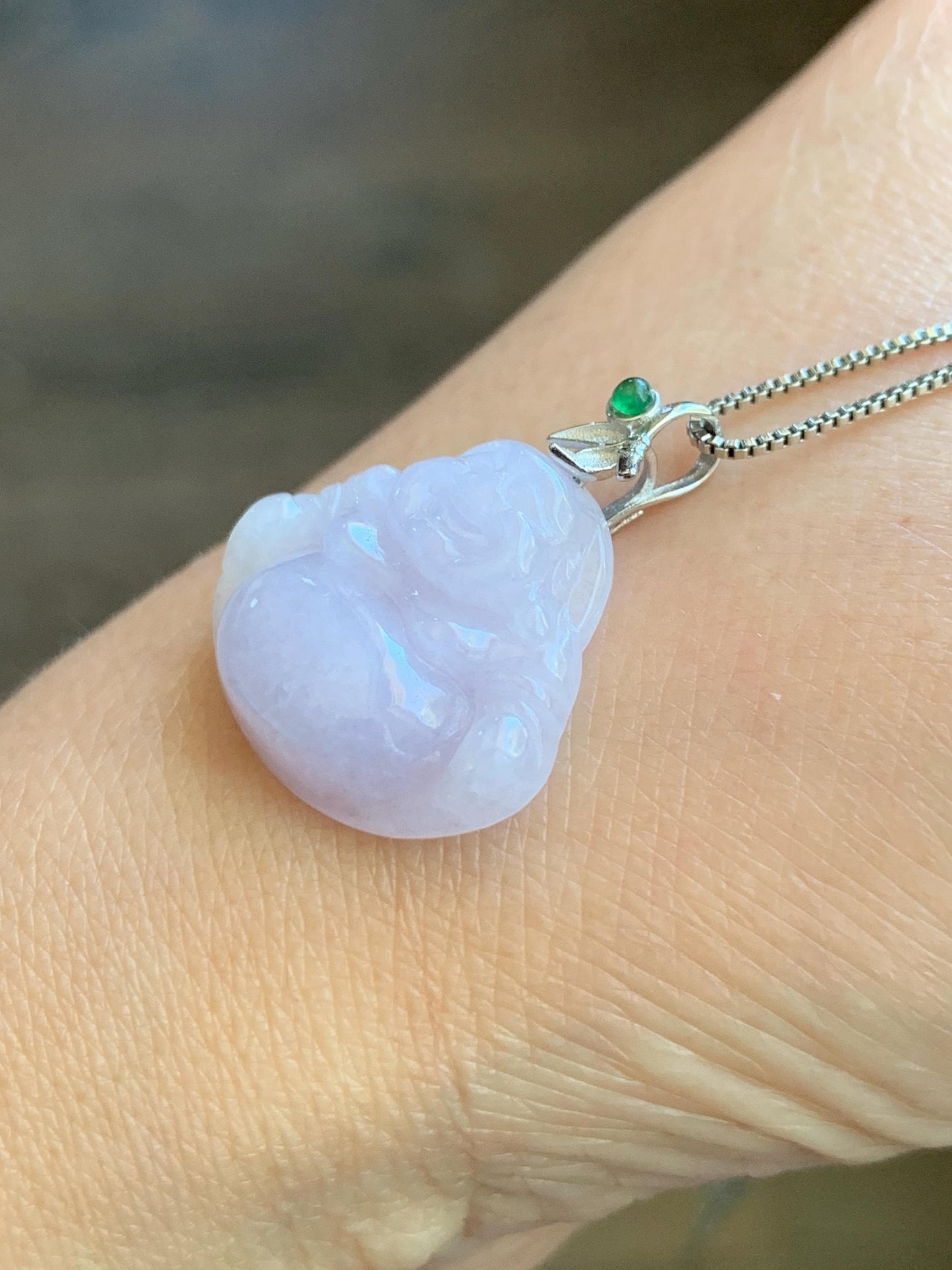 Natural Grade A Icy Translucent Light Purple Jadeite Buddha Pendant Guatemalan Green Jadeite Sterling Silver Bail 天然冰淡紫翡翠佛公吊坠危绿翡翠银扣头 BZC260