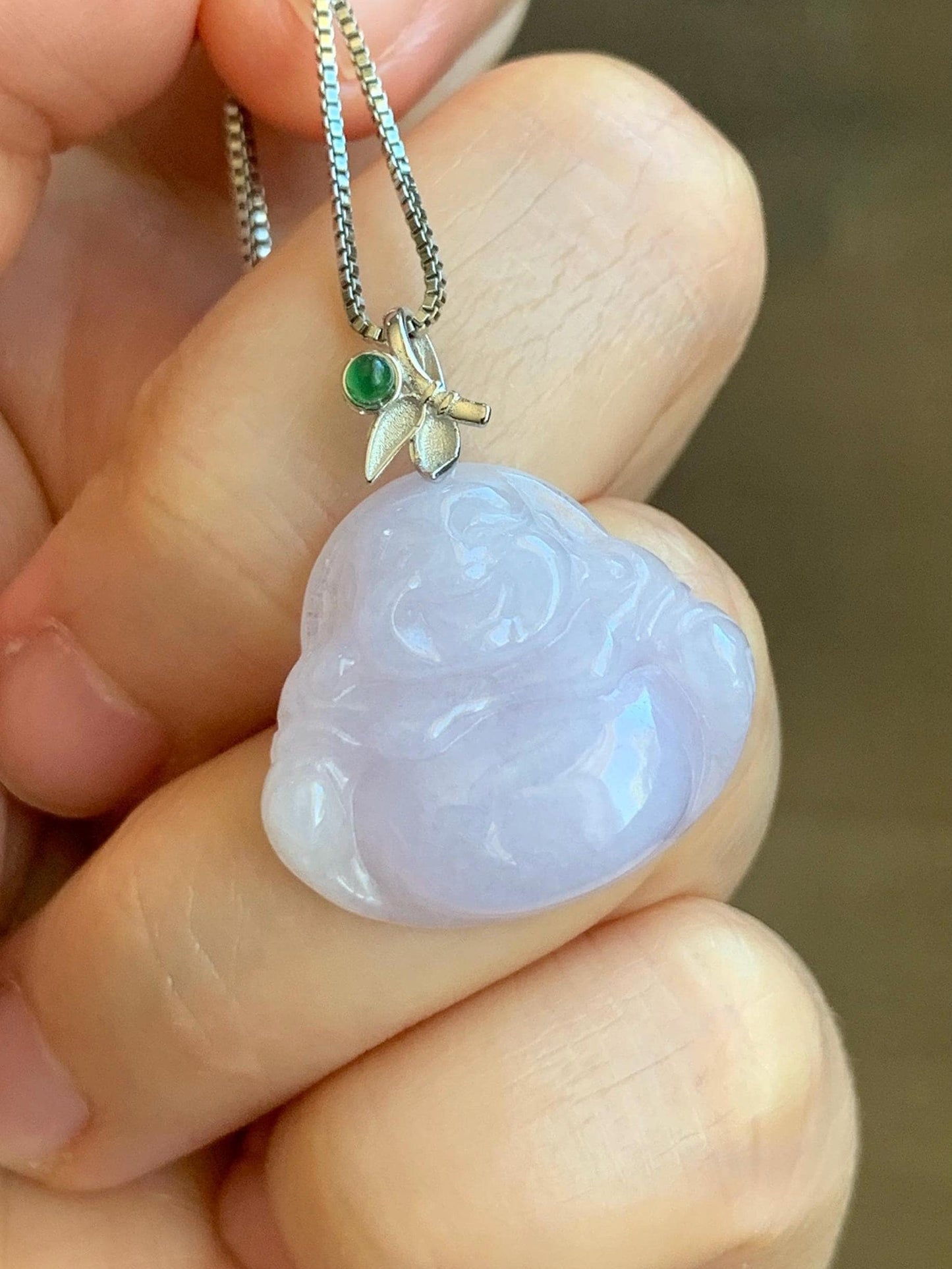 Natural Grade A Icy Translucent Light Purple Jadeite Buddha Pendant Guatemalan Green Jadeite Sterling Silver Bail 天然冰淡紫翡翠佛公吊坠危绿翡翠银扣头 BZC260