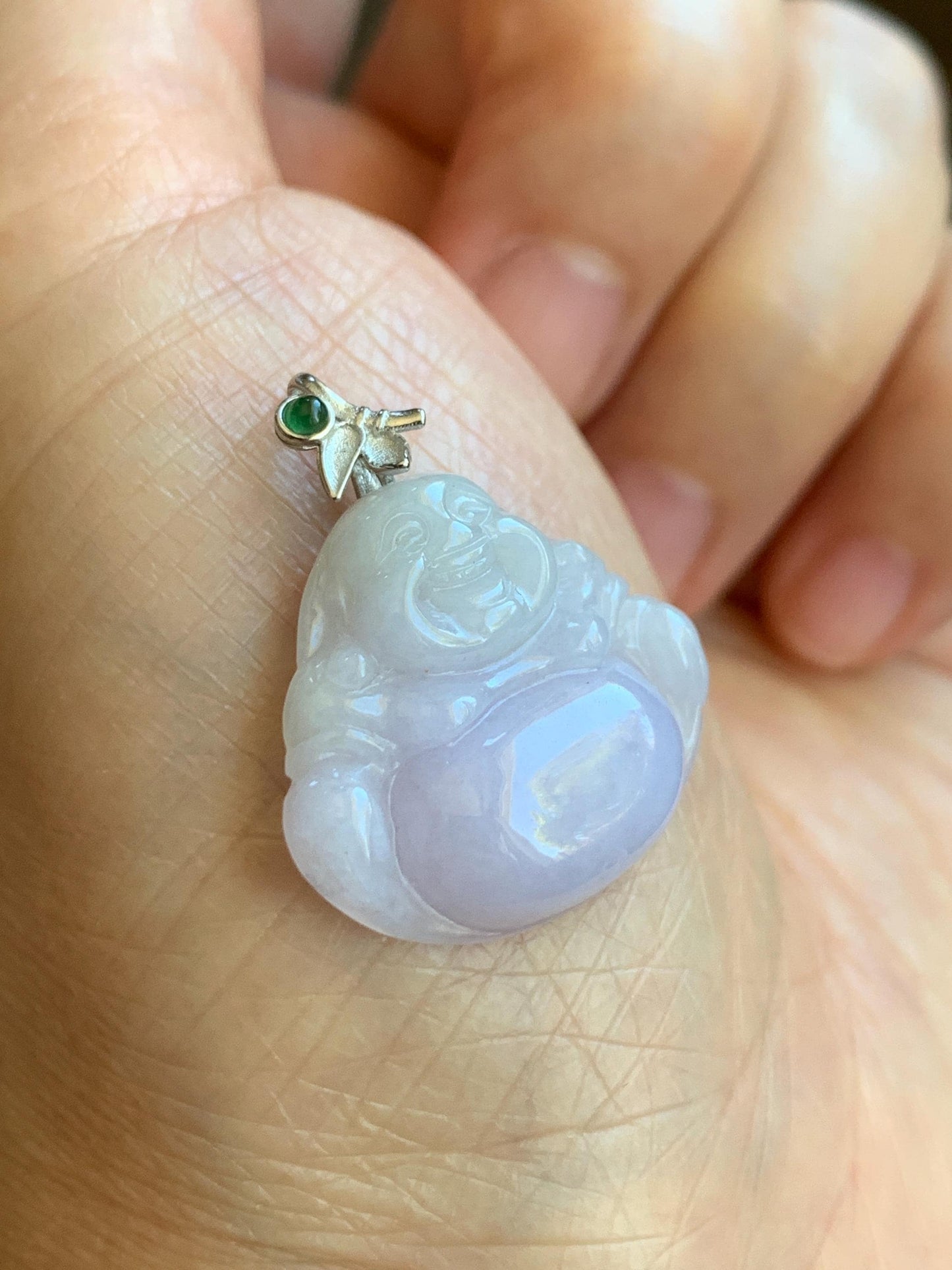 Natural Grade A Icy Translucent Light Purple Jadeite Buddha Pendant Guatemalan Green Jadeite Sterling Silver Bail 天然冰淡紫翡翠佛公吊坠危绿翡翠银扣头 BZB260